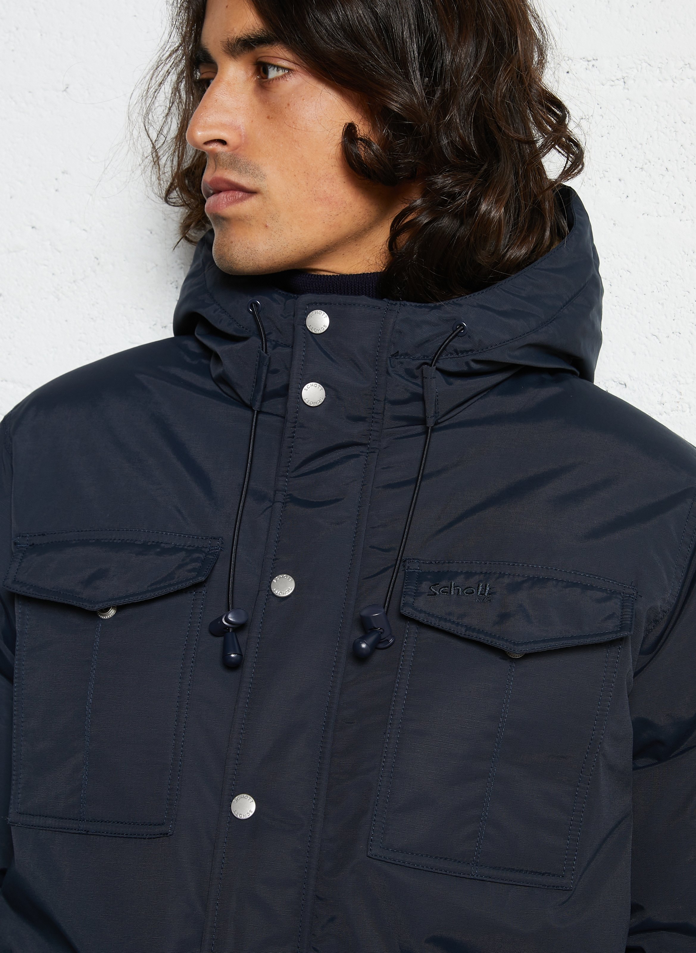 Parka droite à capuche en coton mélangé SCHOTT Bleu