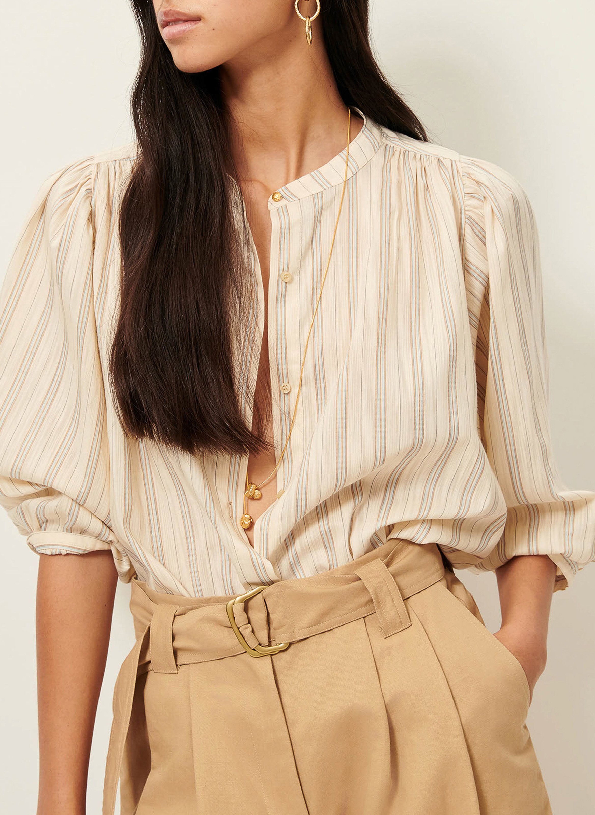 Loose-fit organic cotton shirt with mandarin collar Multicolored