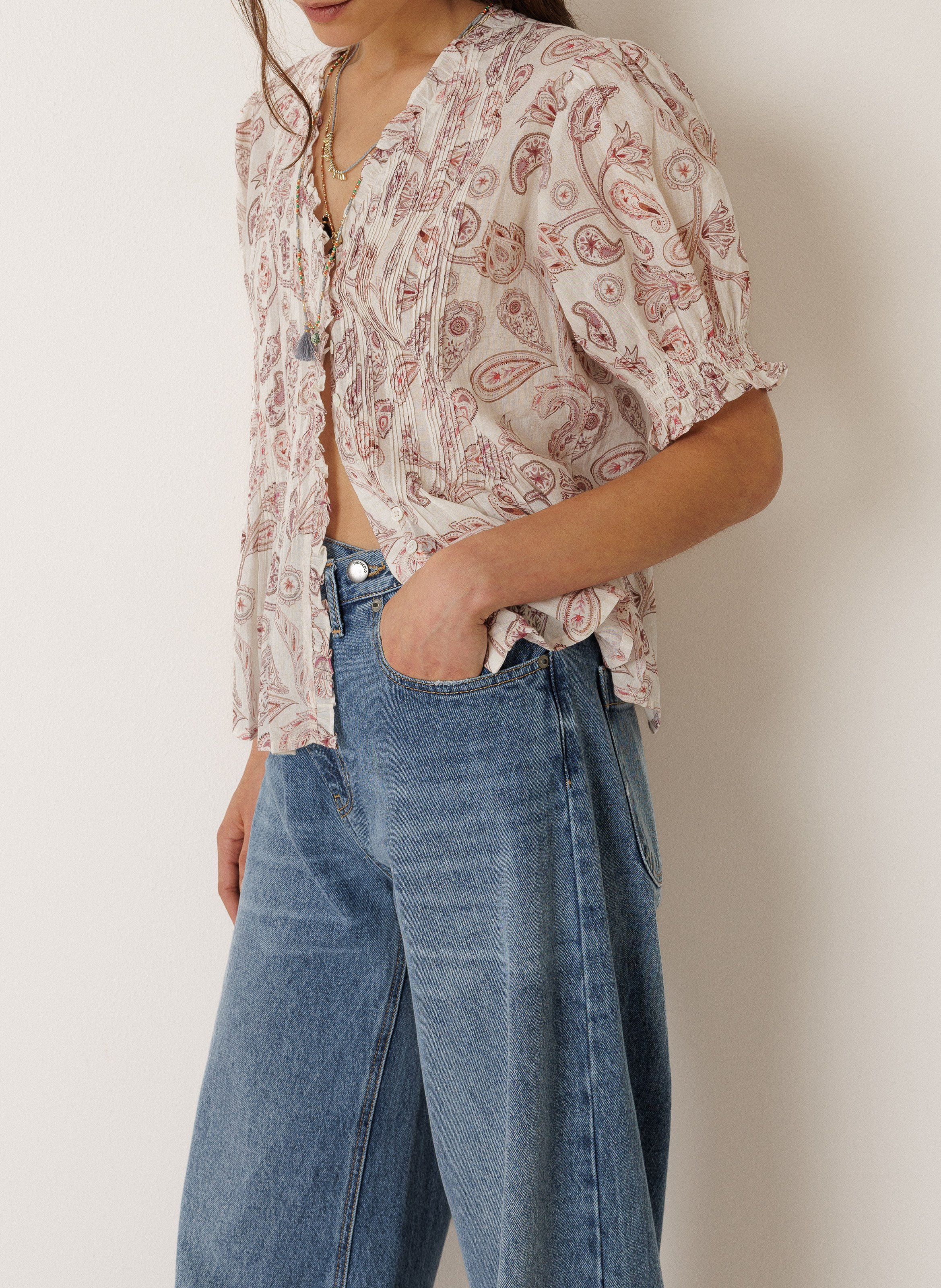 Blouse met V-hals en biologisch katoenen print INDI & COLD Roze