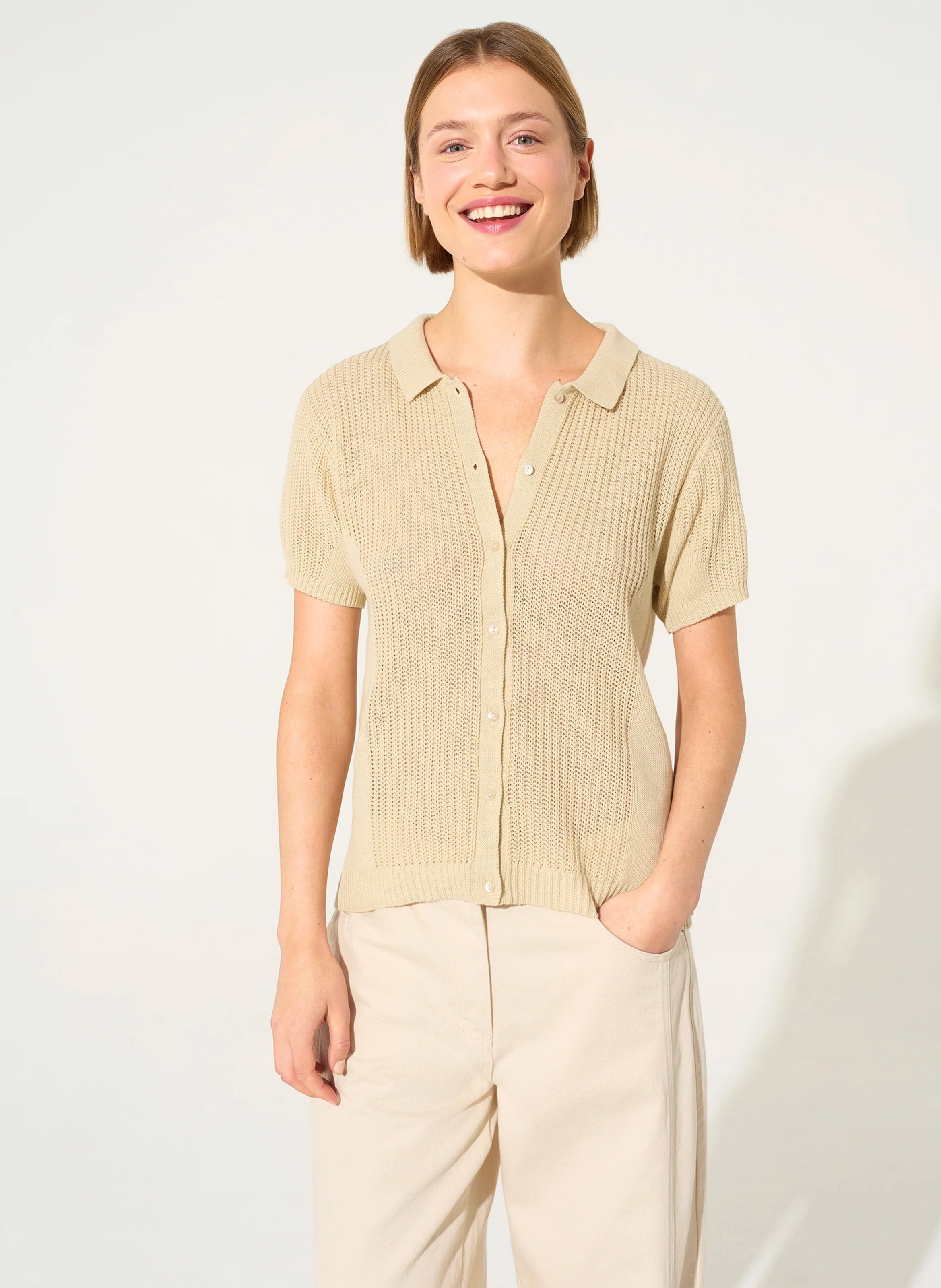 Polo en coton et en lin mélangés ACOTE Blanc