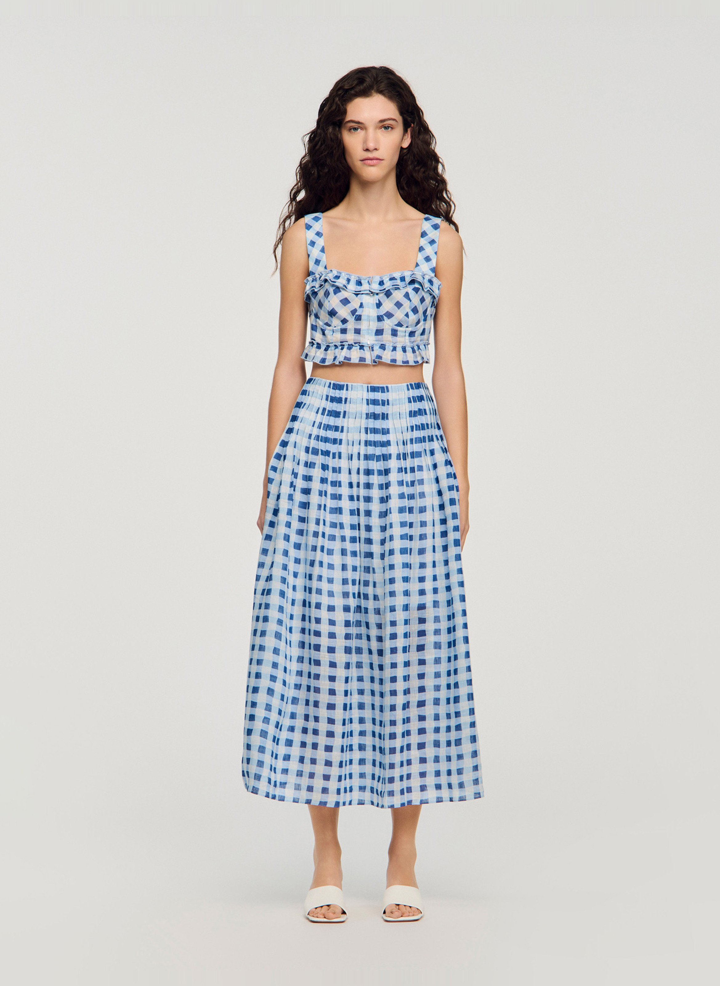 Rok met Vichy-ruitjes van gemengd linnen SANDRO Blauw