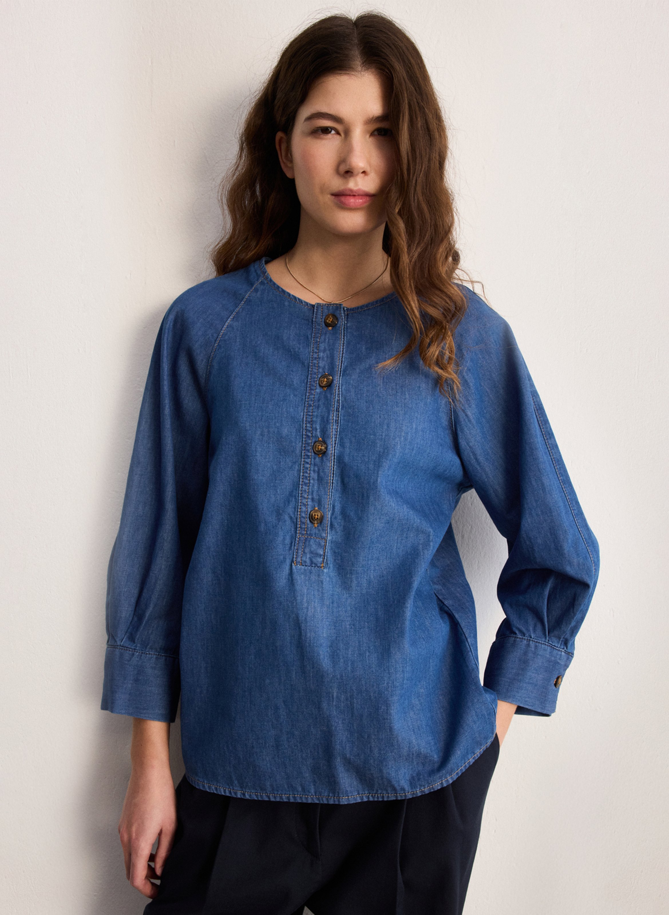 Straight cotton round-neck blouse PABLO Blue