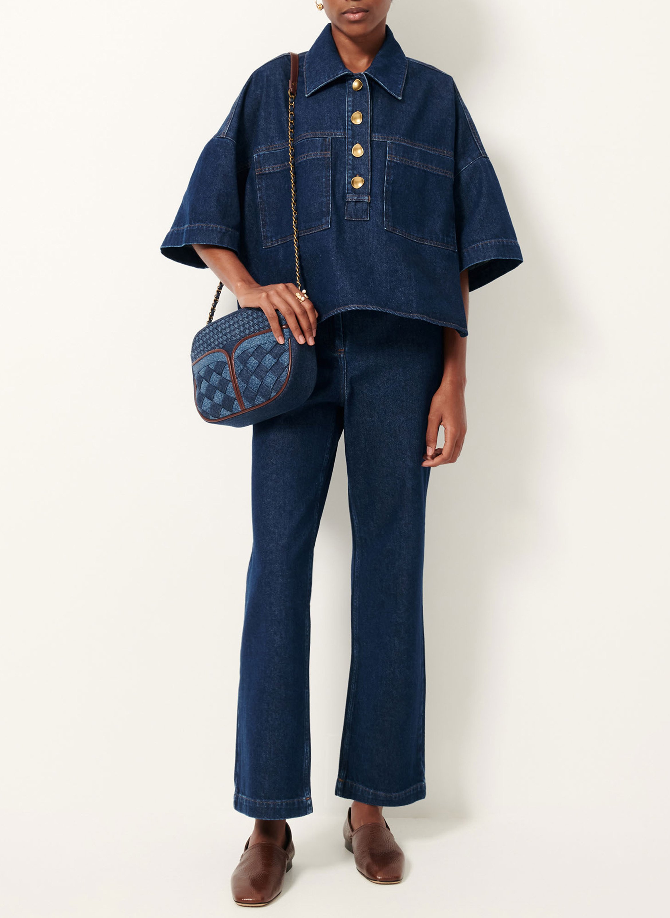 Oversized short-sleeve raw denim polo SESSUN Blue