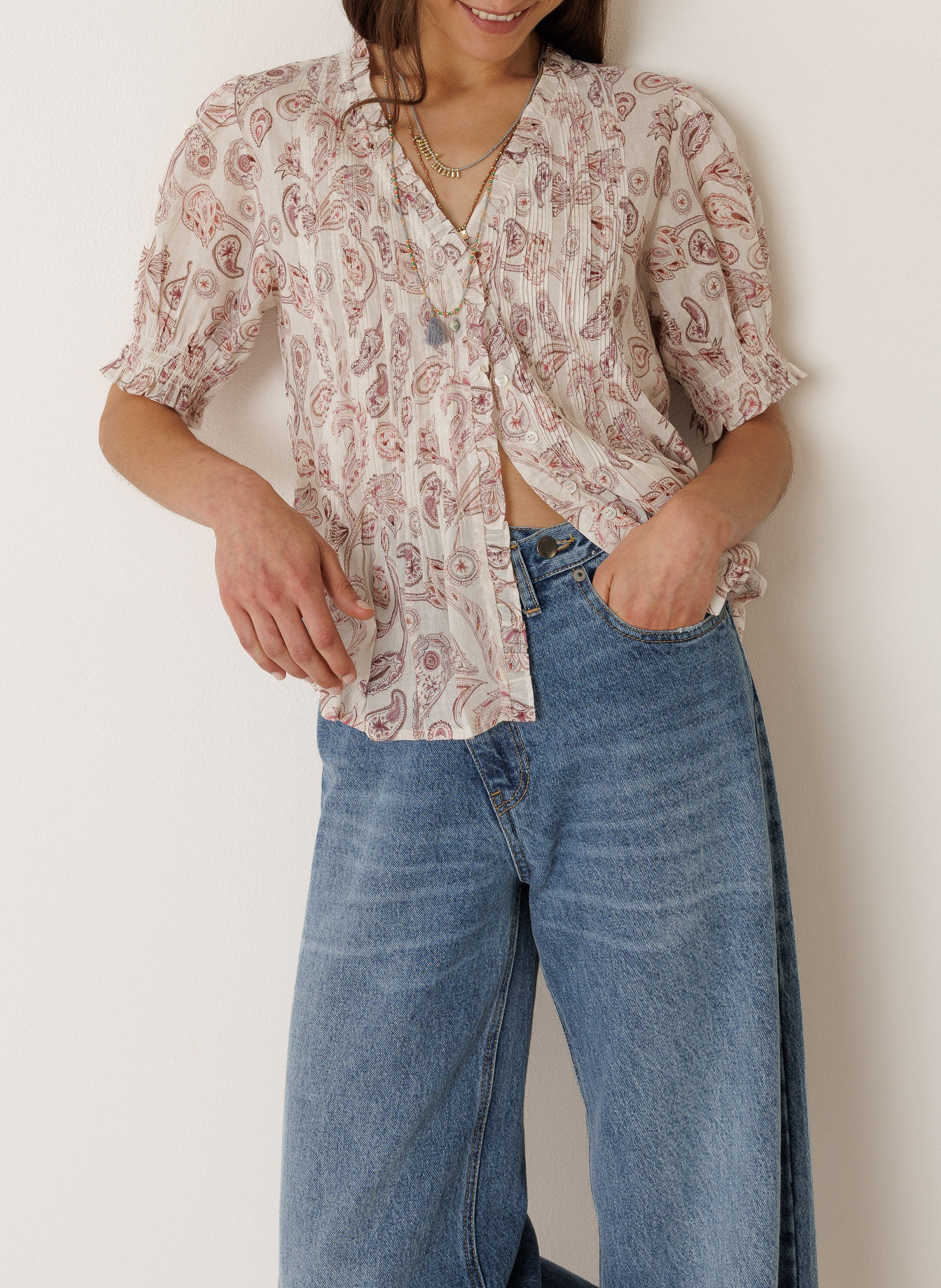 Blouse met V-hals en biologisch katoenen print INDI & COLD Roze