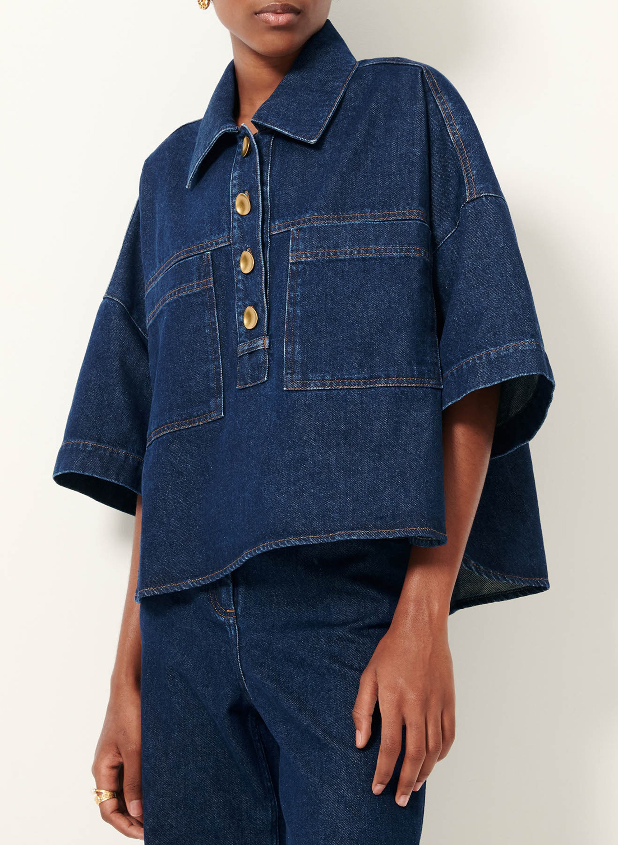 Oversized short-sleeve raw denim polo SESSUN Blue