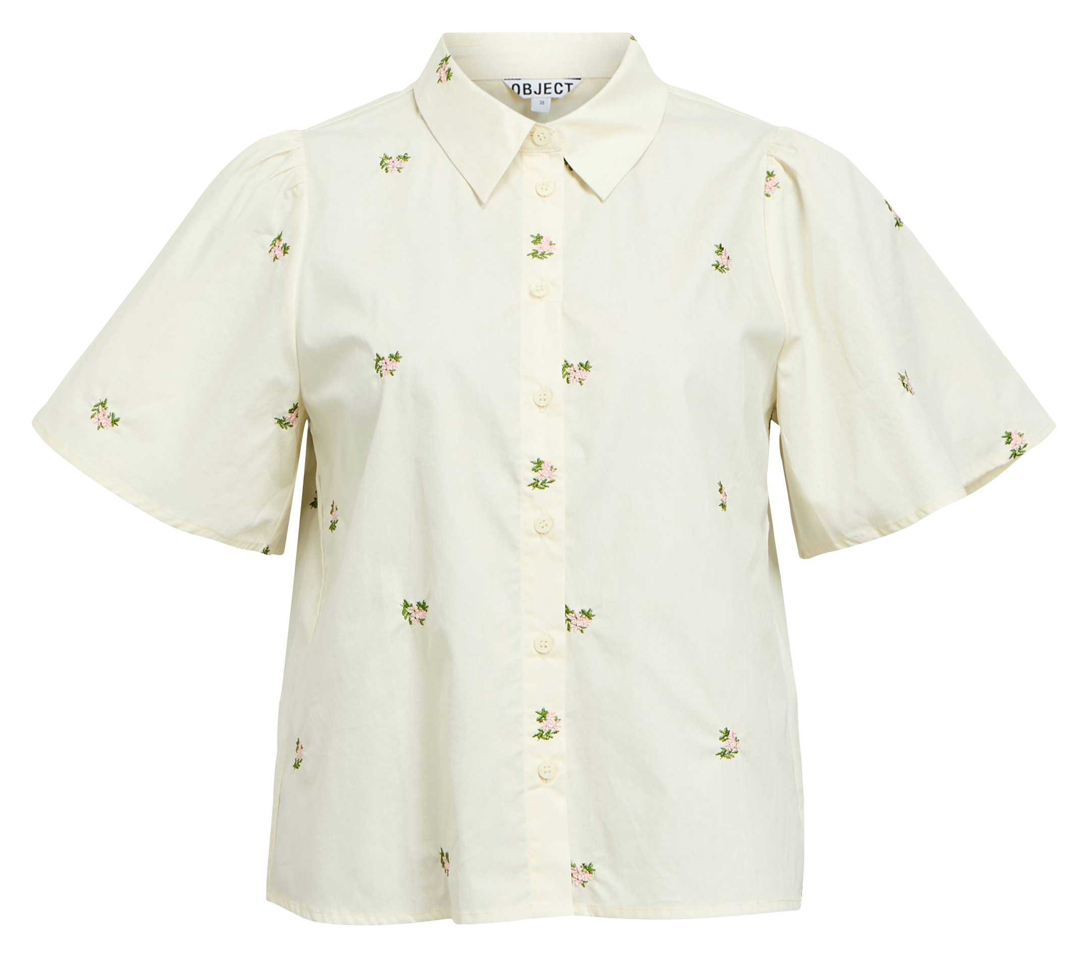 Rechte, katoenen blouse met klassieke kraag en borduursel OBJECT Beige