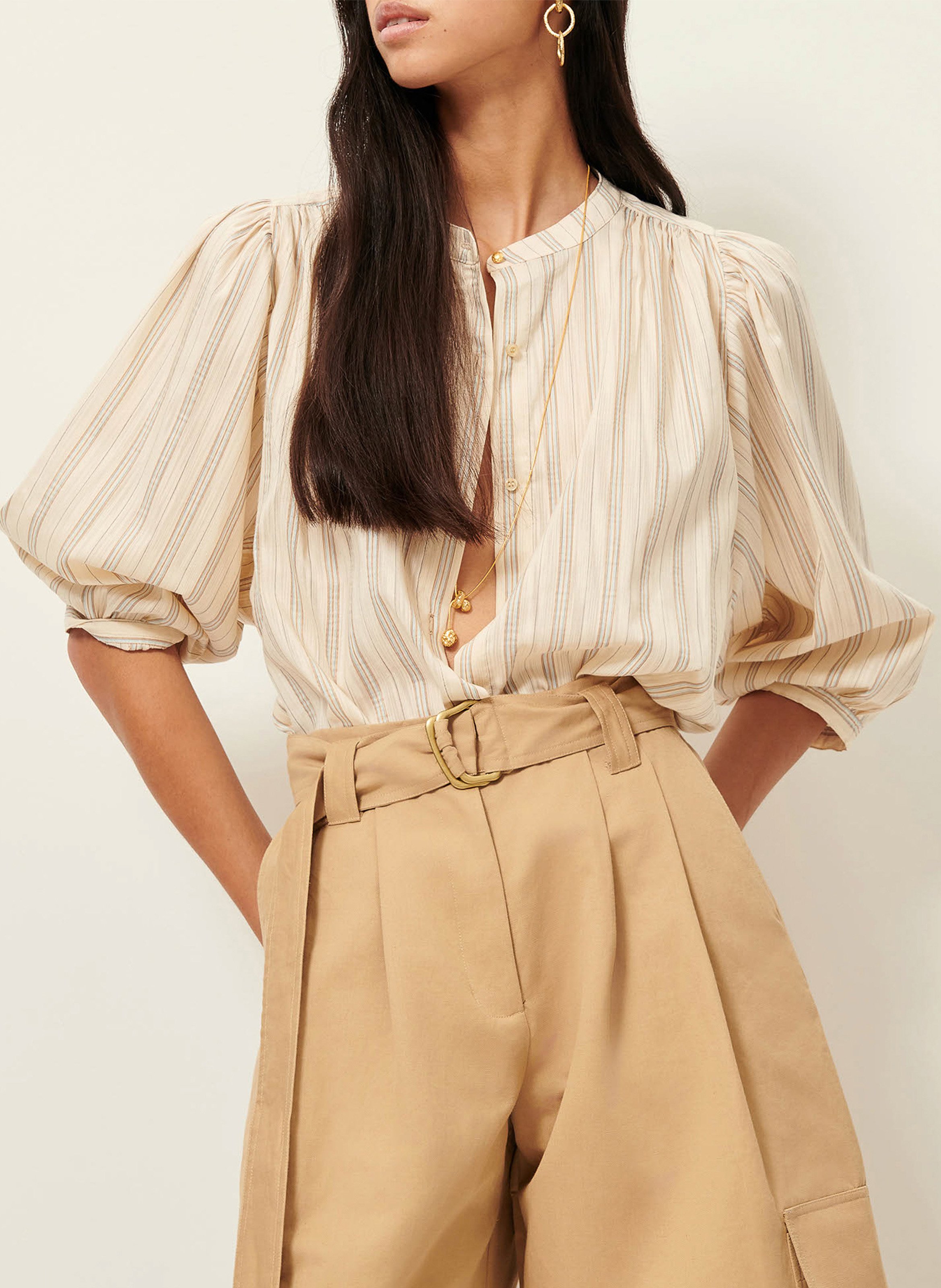 Loose-fit organic cotton shirt with mandarin collar SESSUN