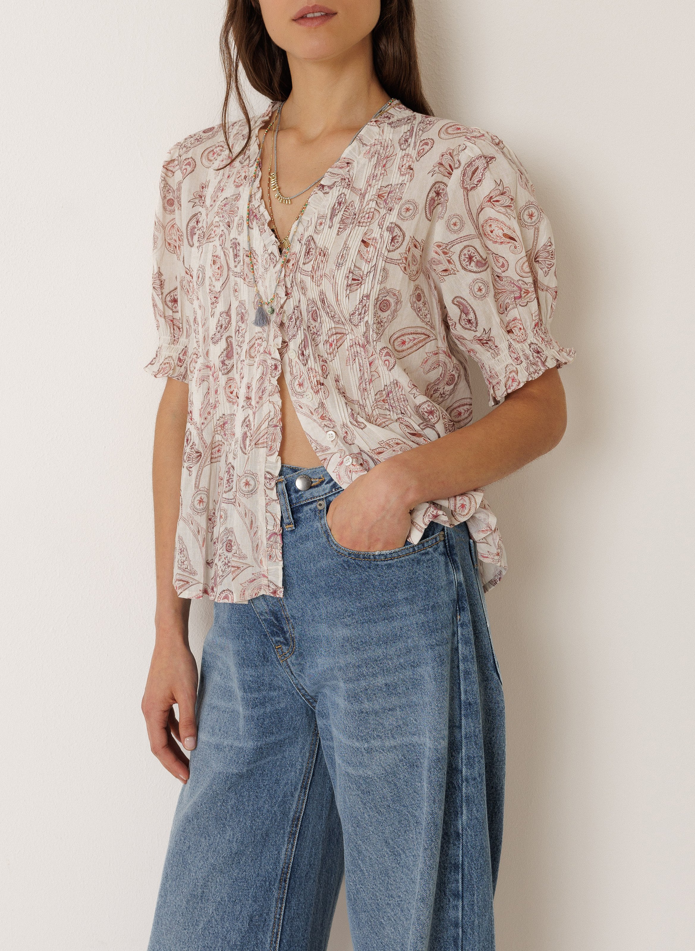 Blouse met V-hals en biologisch katoenen print INDI & COLD Roze