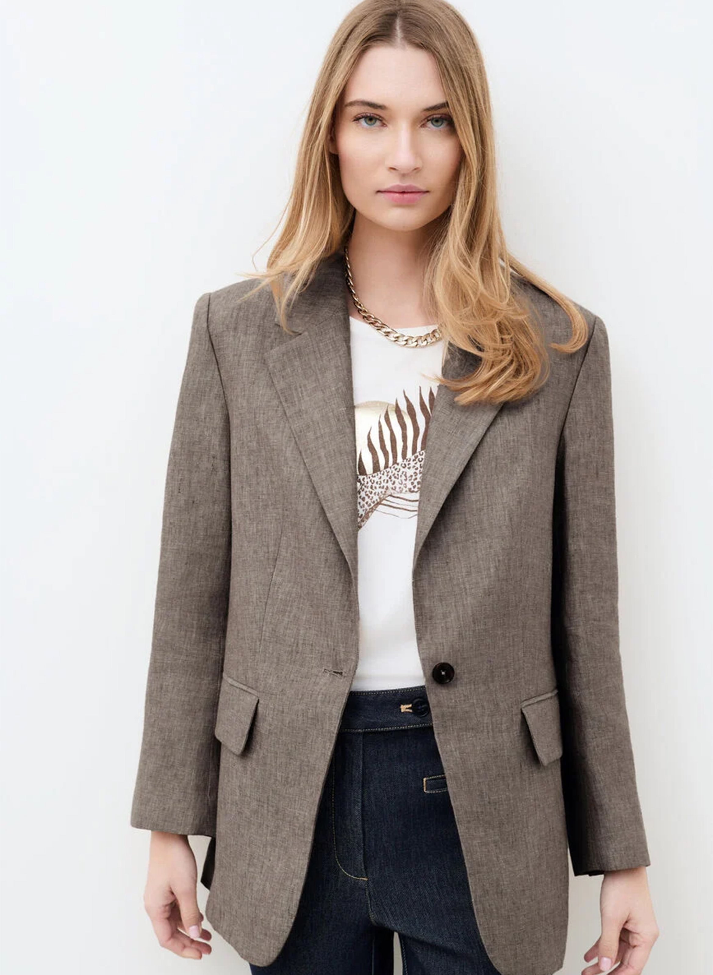 Veste tailleur droite en lin CAROLL Marron