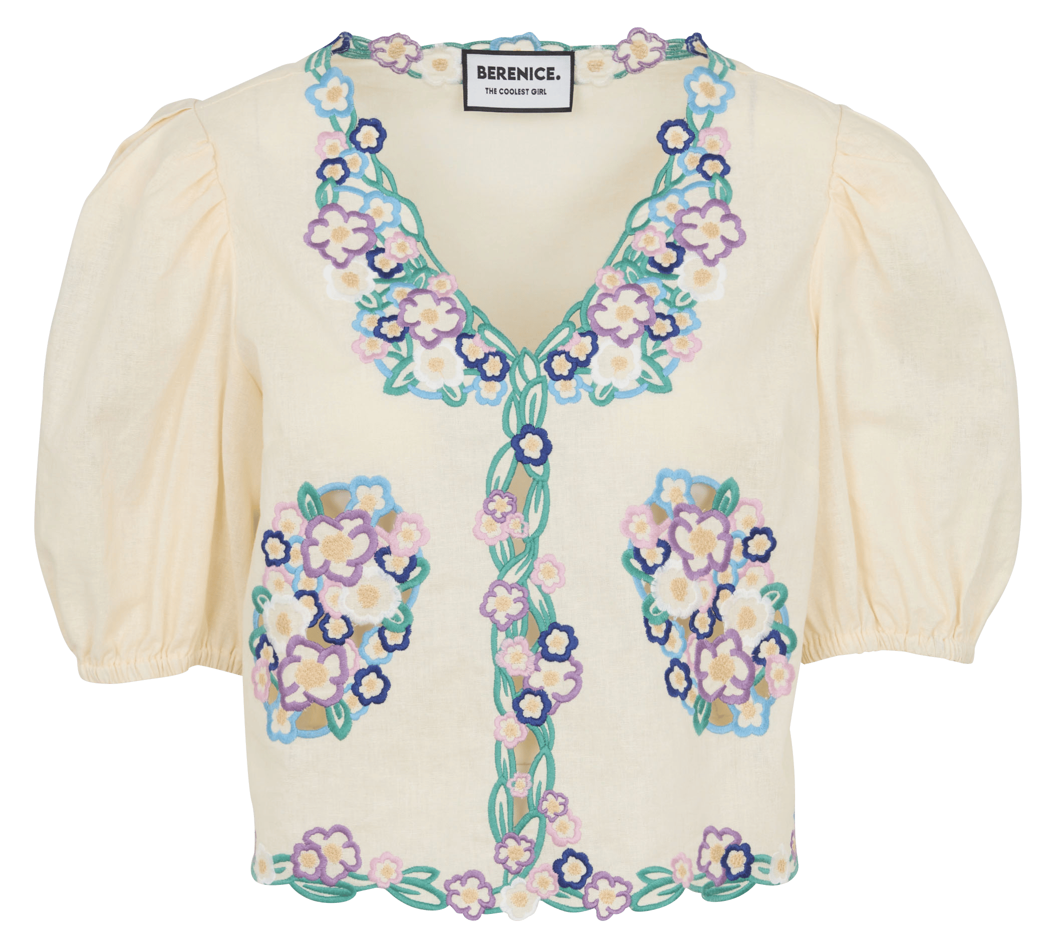 Oversized top met V-hals en geborduurd linnen en katoen. BERENICE Wit