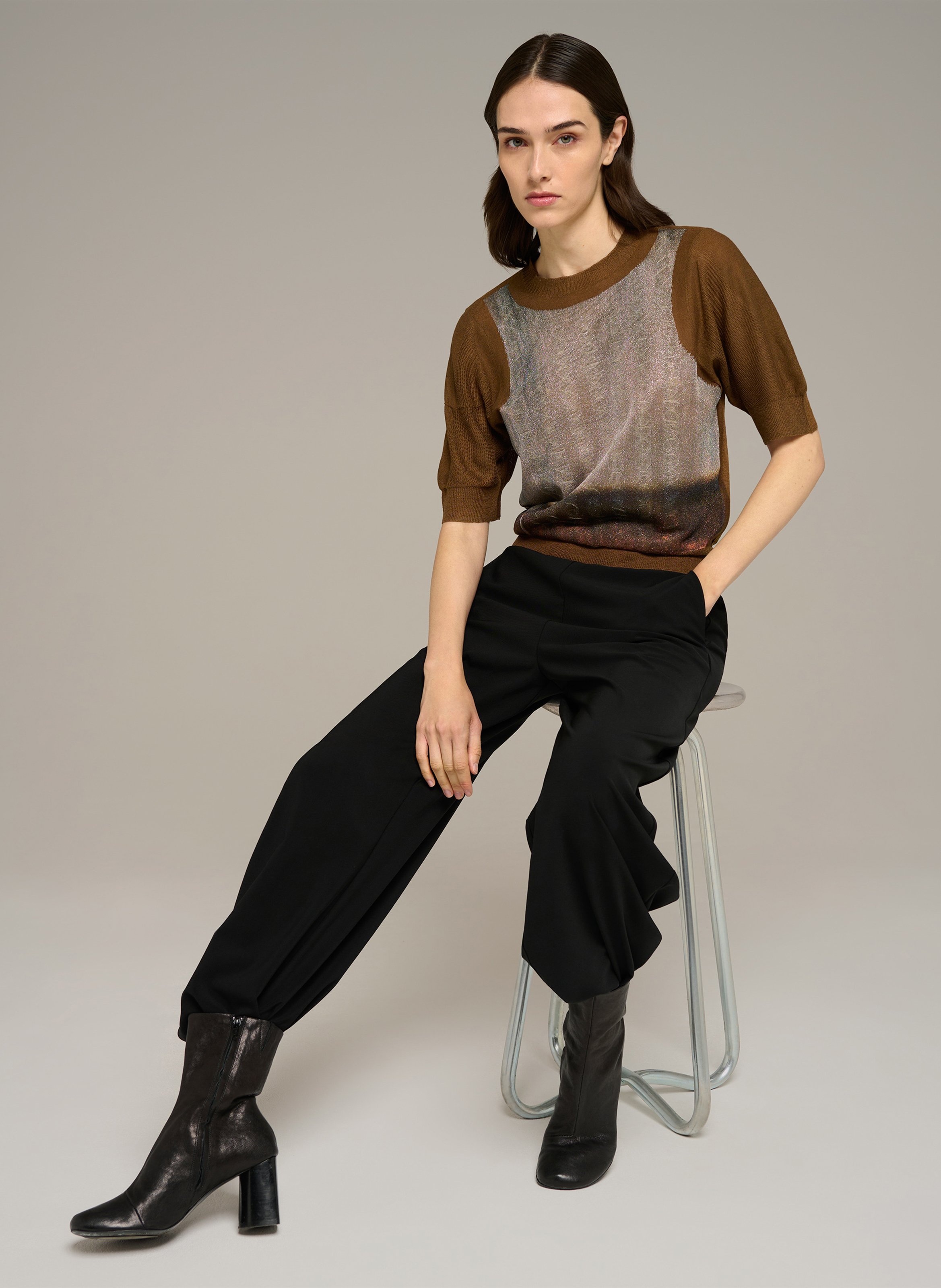 Pull droit col rond en jacquard métallisé | Marron COTELAC Femme