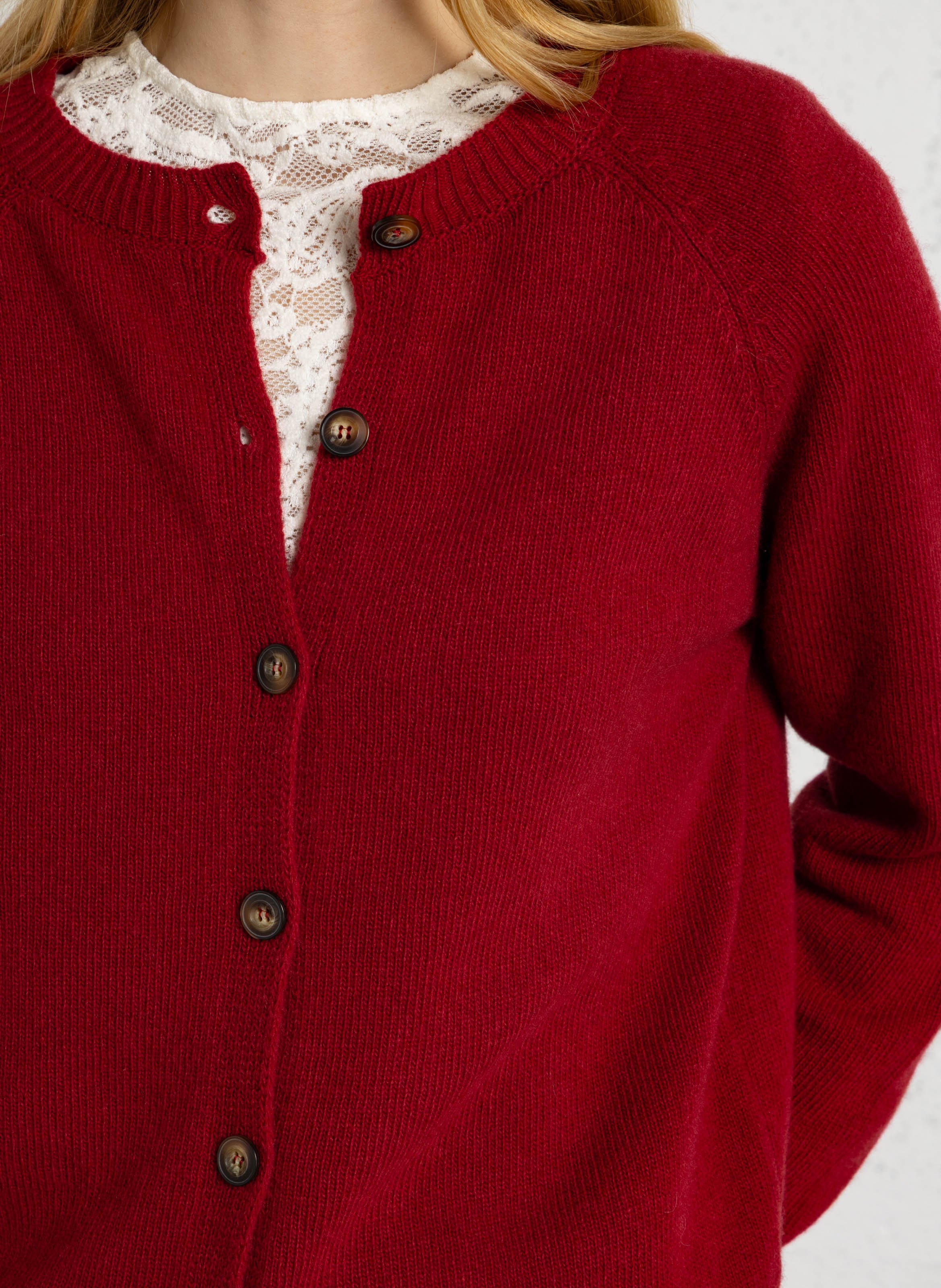 Straight round-neck merino wool cardigan SUZIE WINKLE Red