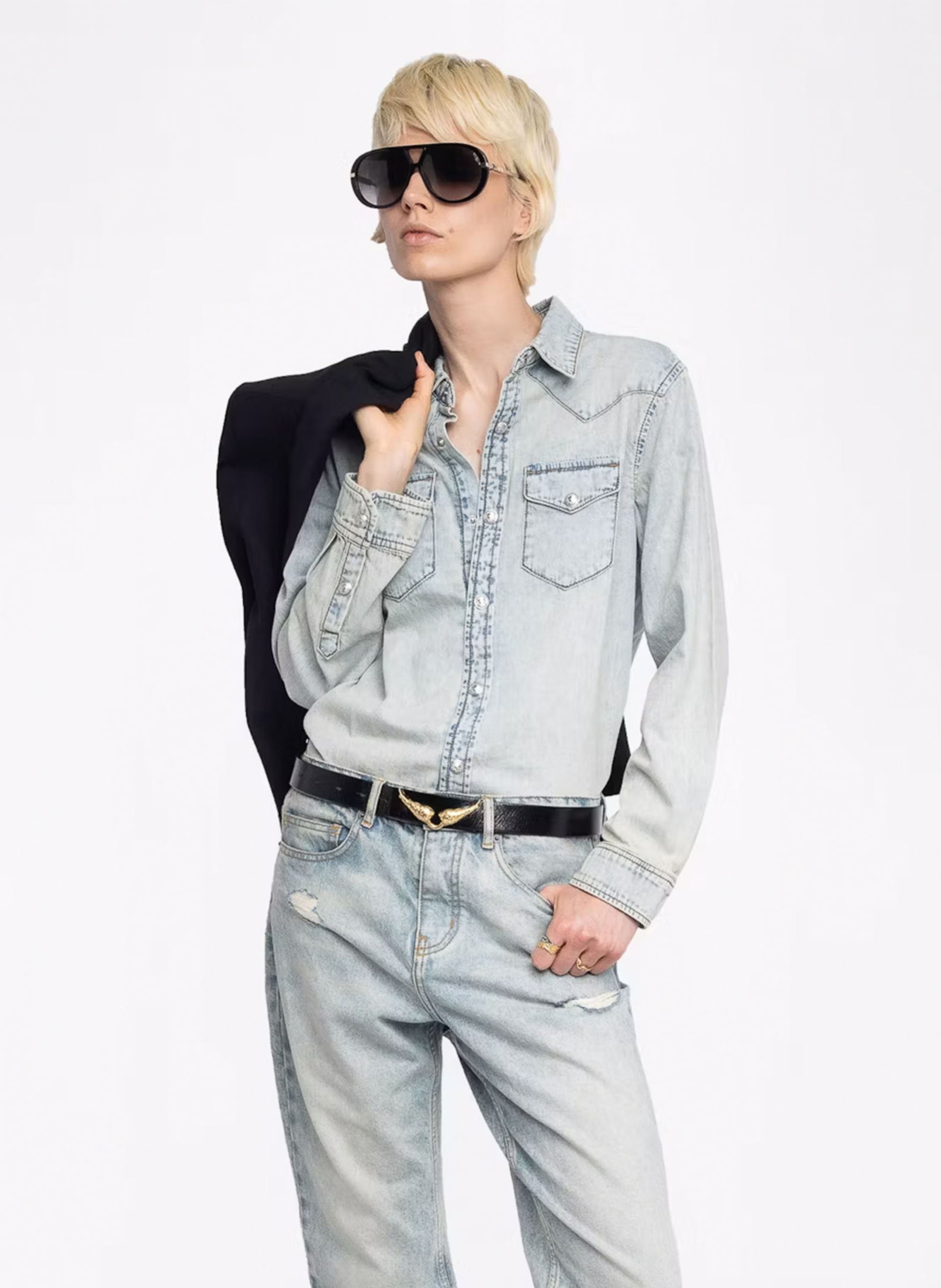 Chemise droite délavée à broderies ZADIG&VOLTAIRE Bleu