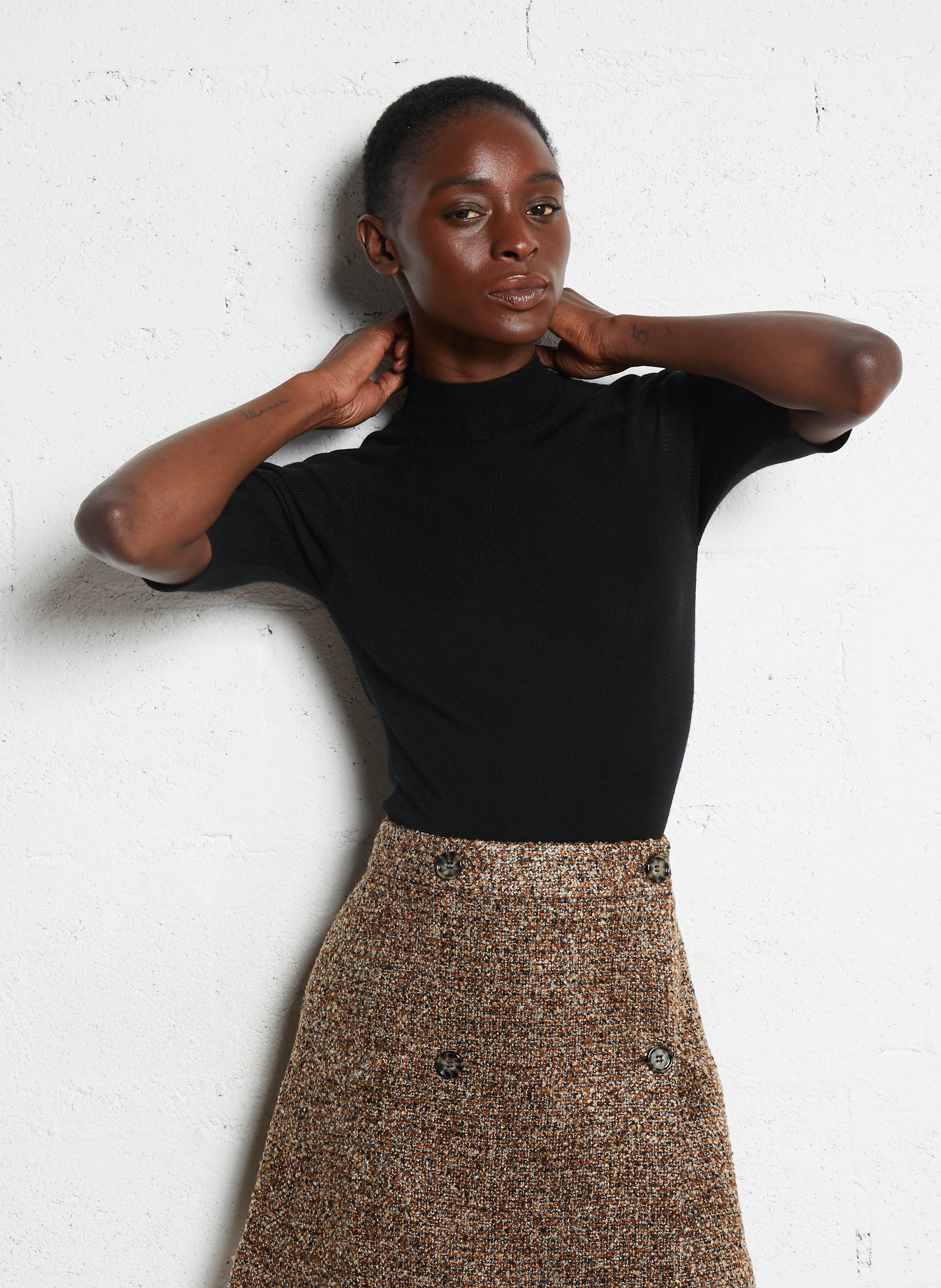 Pull droit col montant en laine mérinos et soie MAJESTIC FILATURES Noir