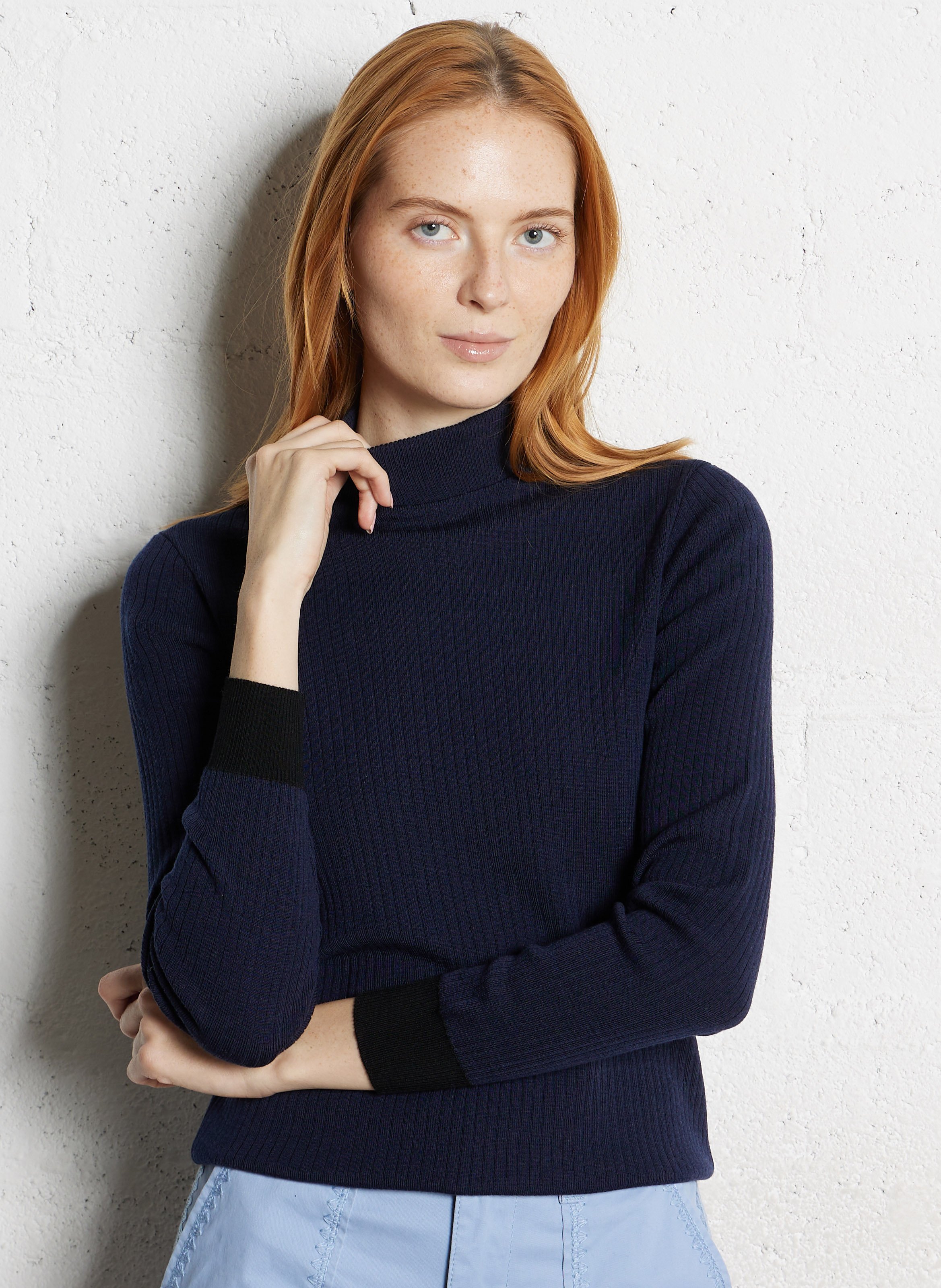 Pull col montant en laine unie I CODE Bleu