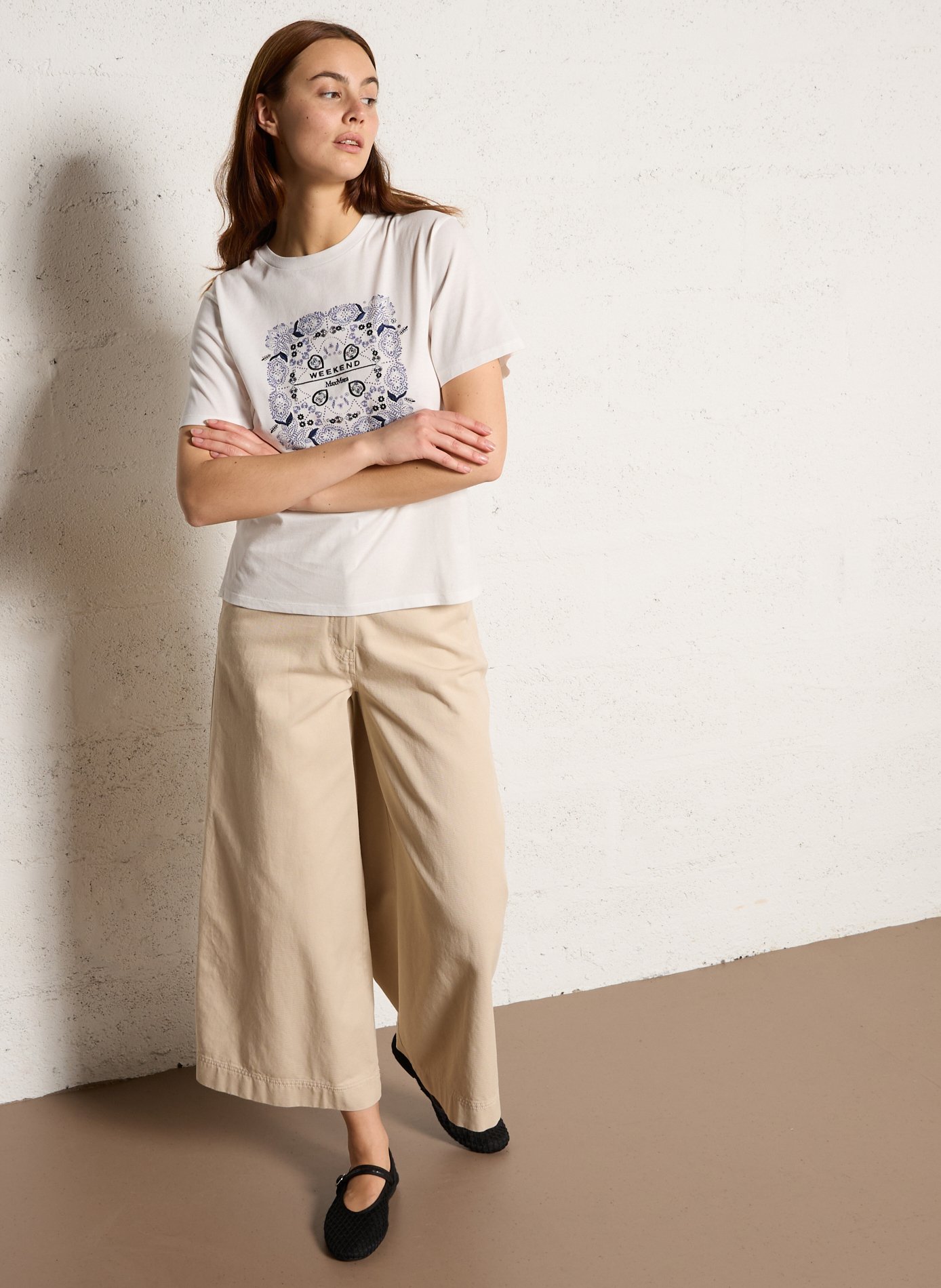 Recht, katoenen T-shirt met ronde hals en zeefdruk MAX MARA WEEK END Wit