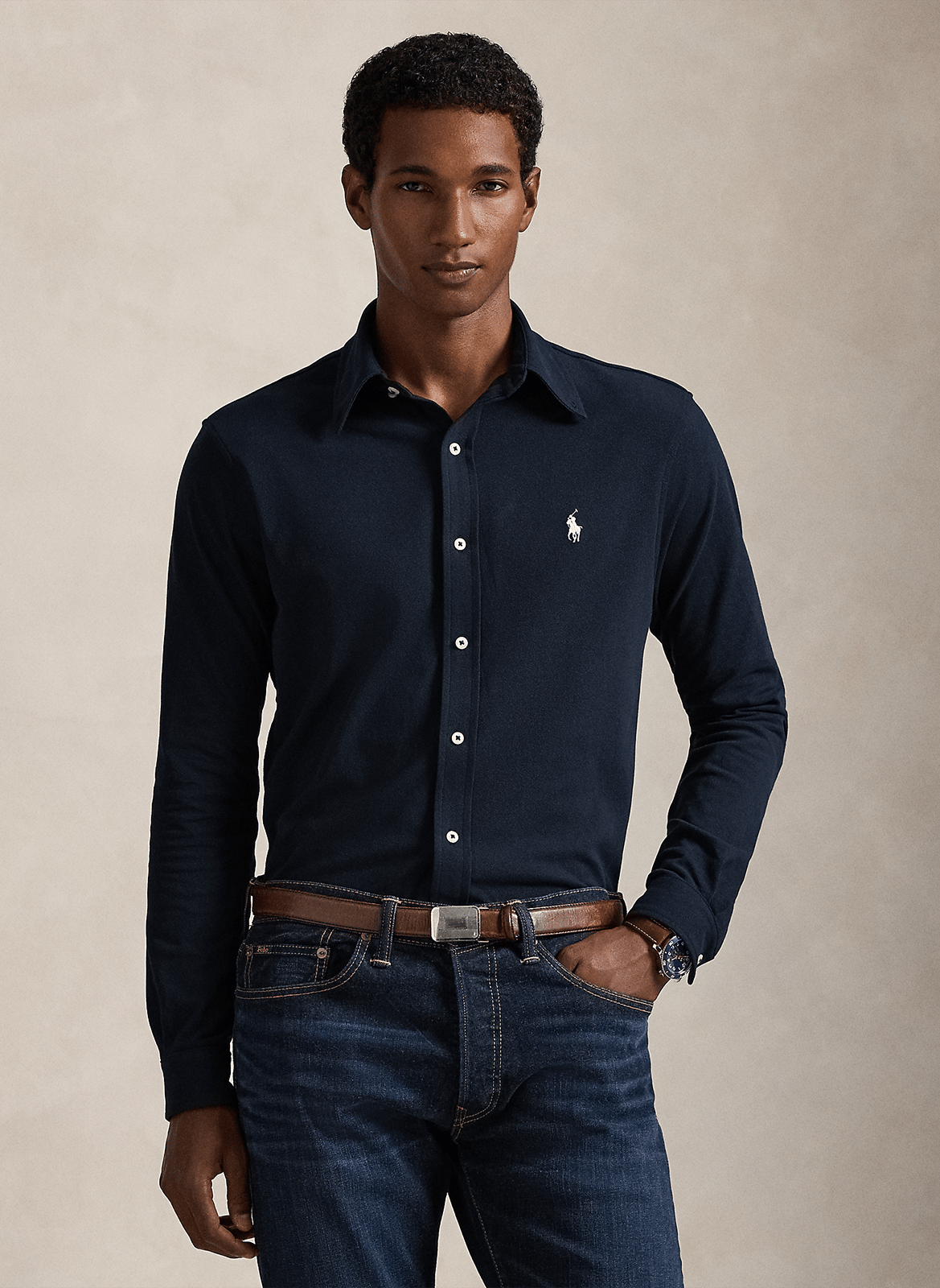 Chemise col américain regular-fit en piqué de coton POLO RALPH LAUREN Bleu