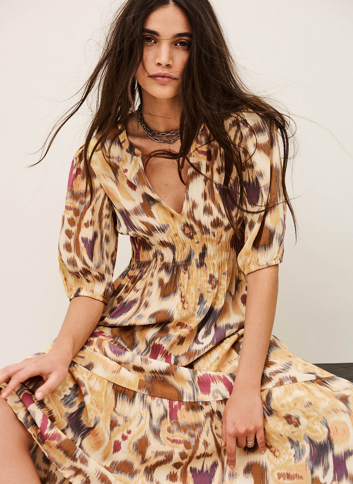 Robe midi col V imprimée BA&SH Jaune