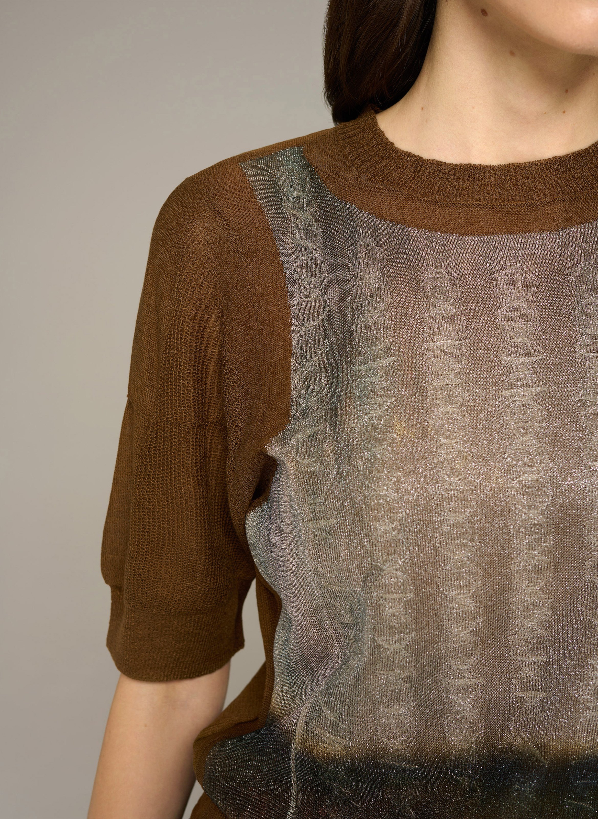 Pull droit col rond en jacquard métallisé | Marron COTELAC Femme