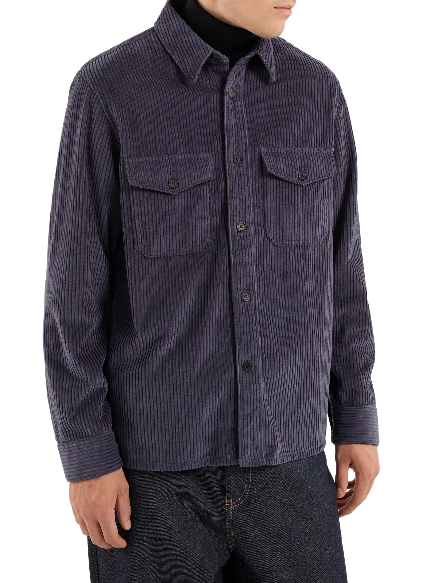 Corduroy cotton overshirt with classic collar. SAISON 1865 Blue