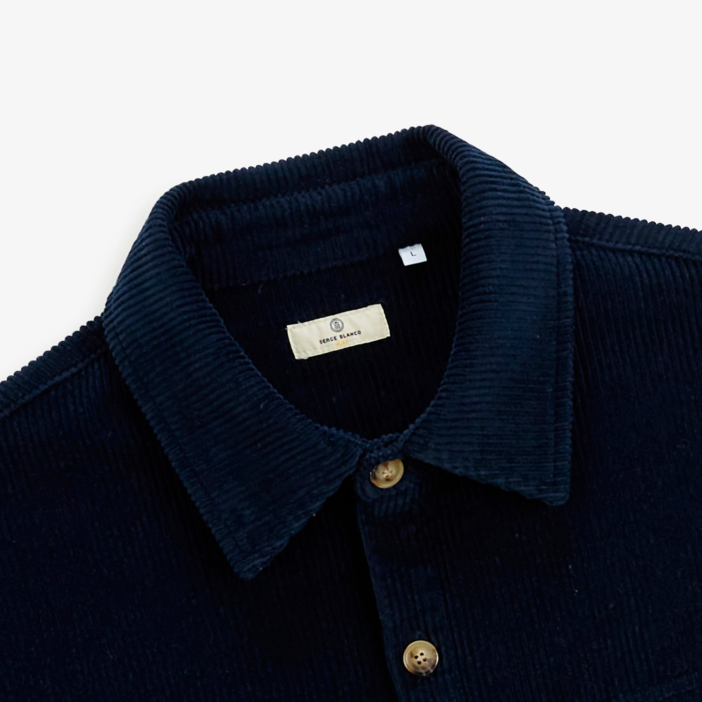 Long-sleeved shirt in navy blue pigment-dyed velvet by sbplay. SERGE BLANCO Blue
