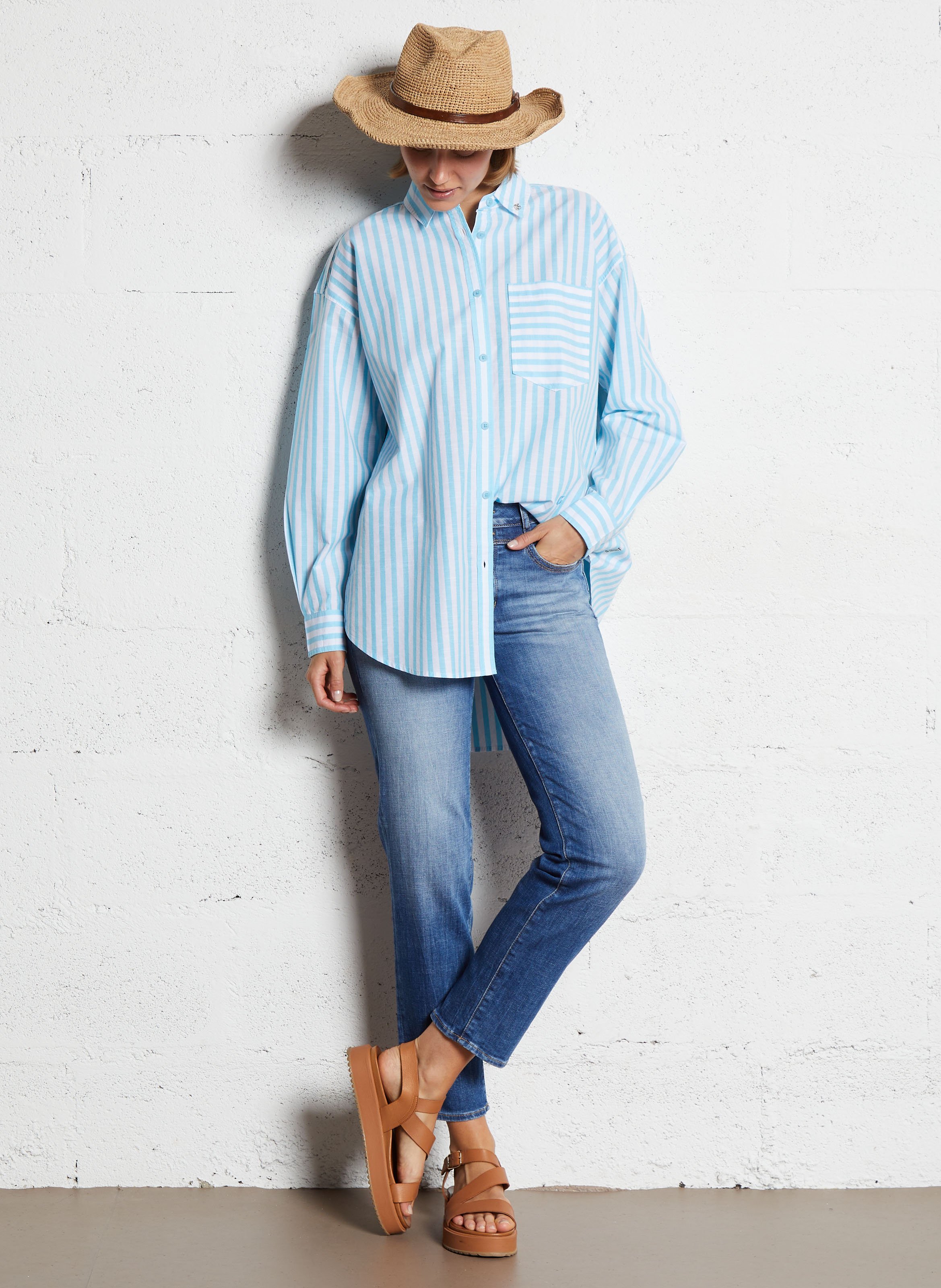 Cropped cotton blend jeans LE TEMPS DES CERISES Blue