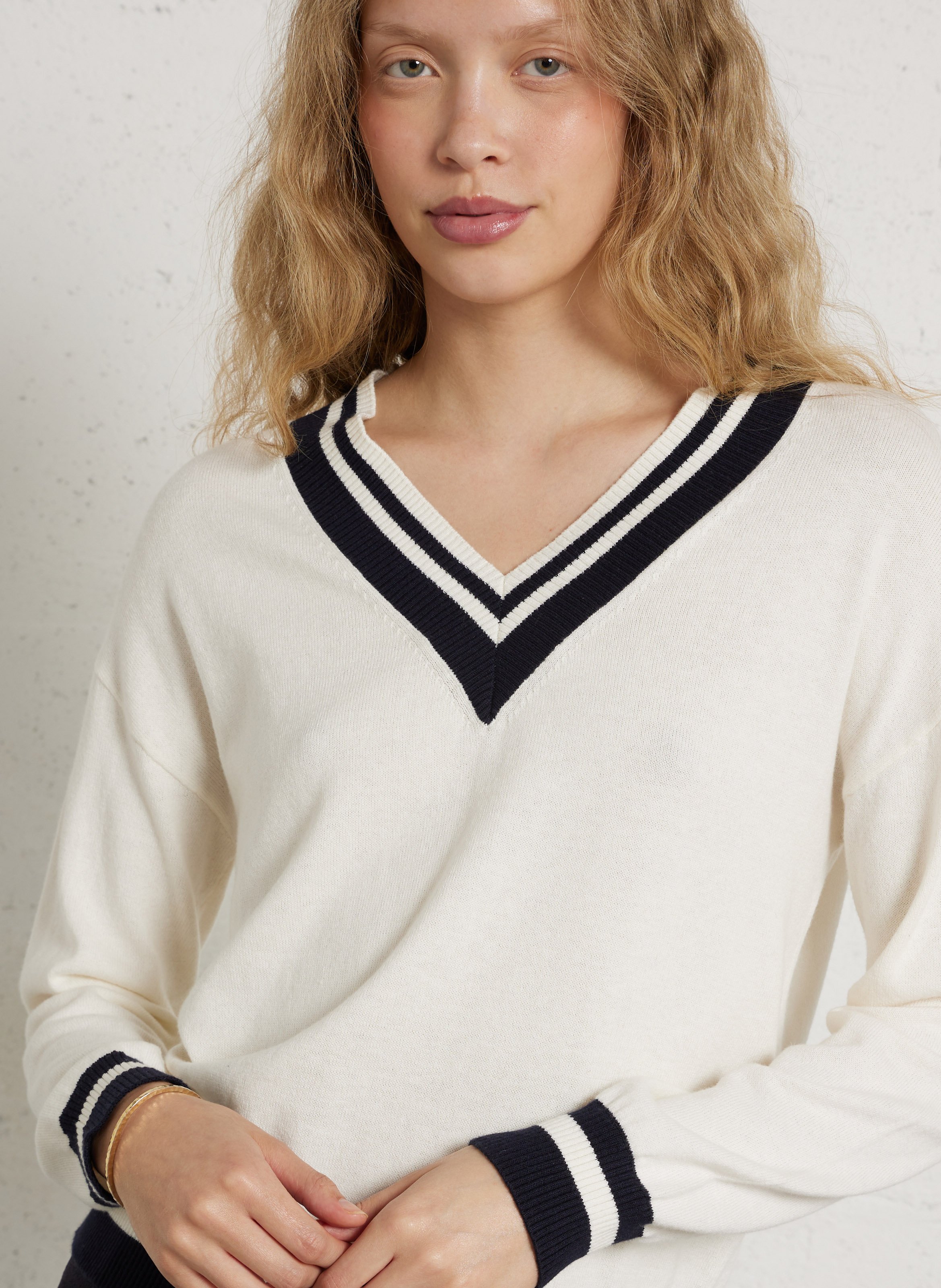 Straight V-neck sweater in cotton and wool blend SUD EXPRESS Beige