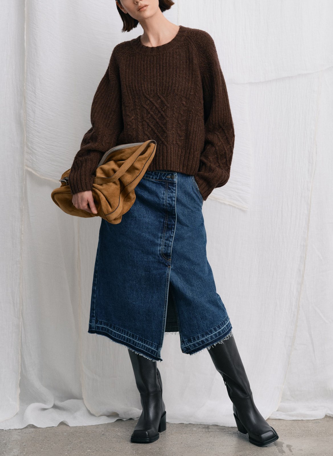 Jupe midi en denim de coton organique RABENS SALONER Bleu
