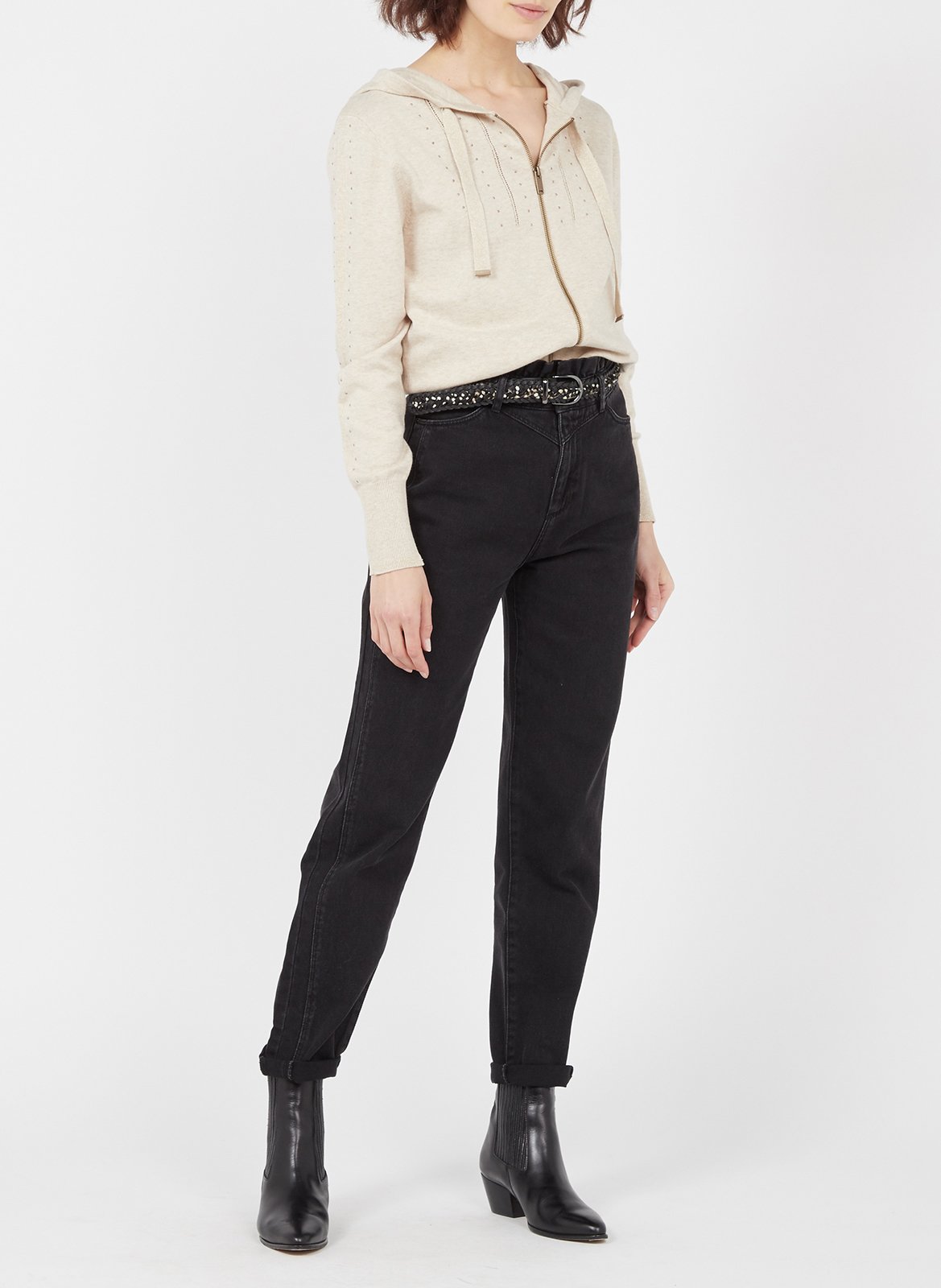 Studded zip-up organic cotton cardigan with hood ONE STEP Beige