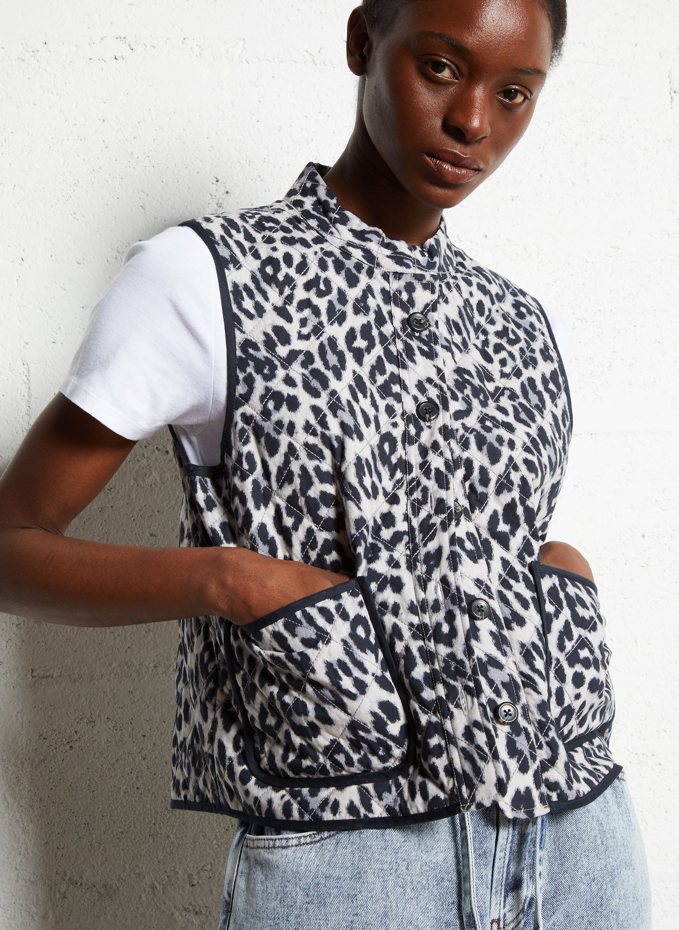 Veste col rond à imprimé léopard LOLLYS LAUNDRY Marron