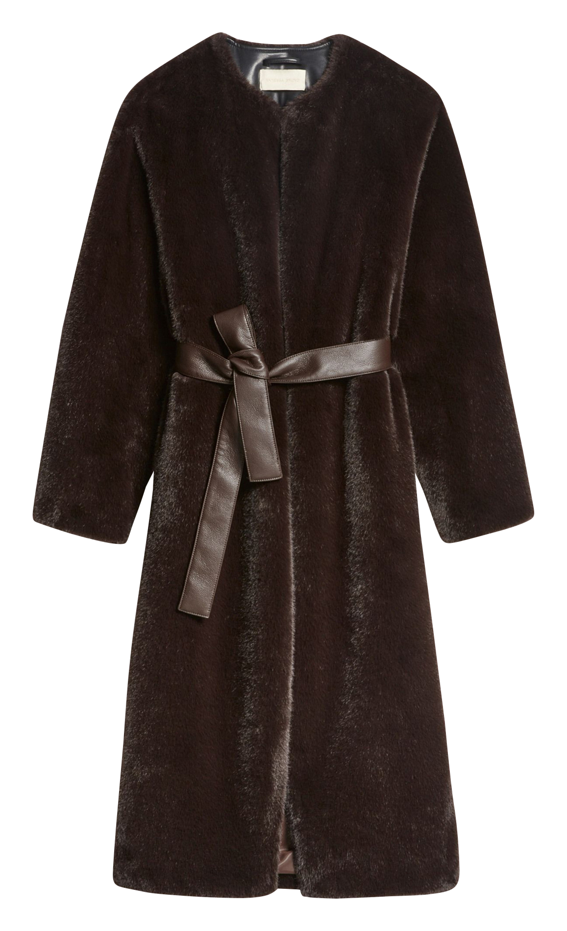 Straight coat with round collar in synthetic fur Brown