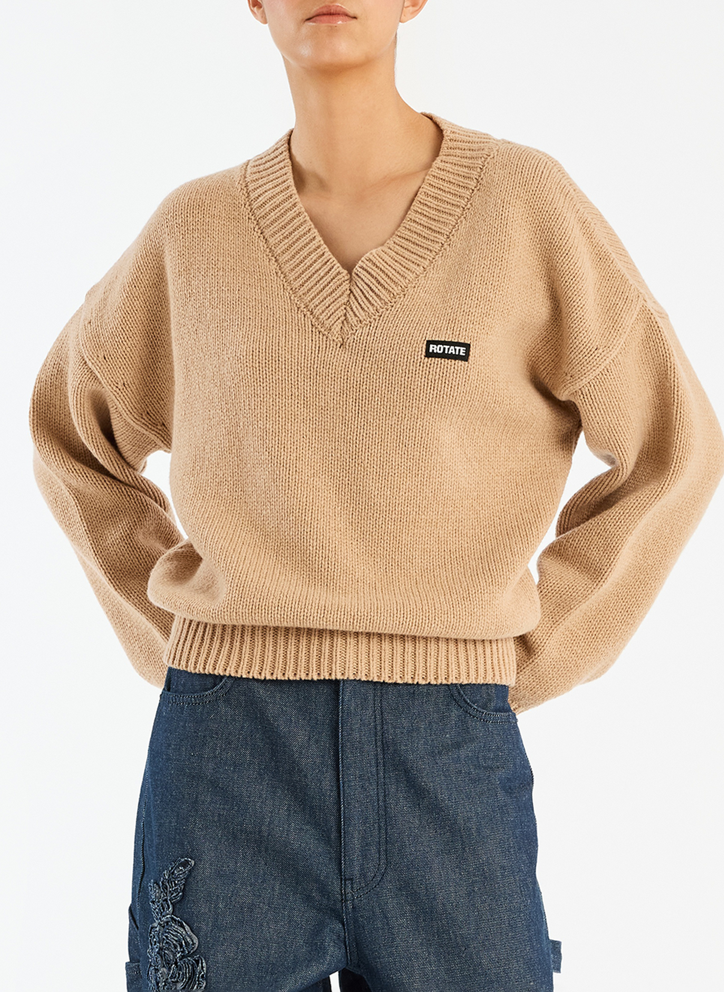 Einfarbiges V-Ausschnitt-Pullover aus Wolle und Kaschmir ROTATE Beige