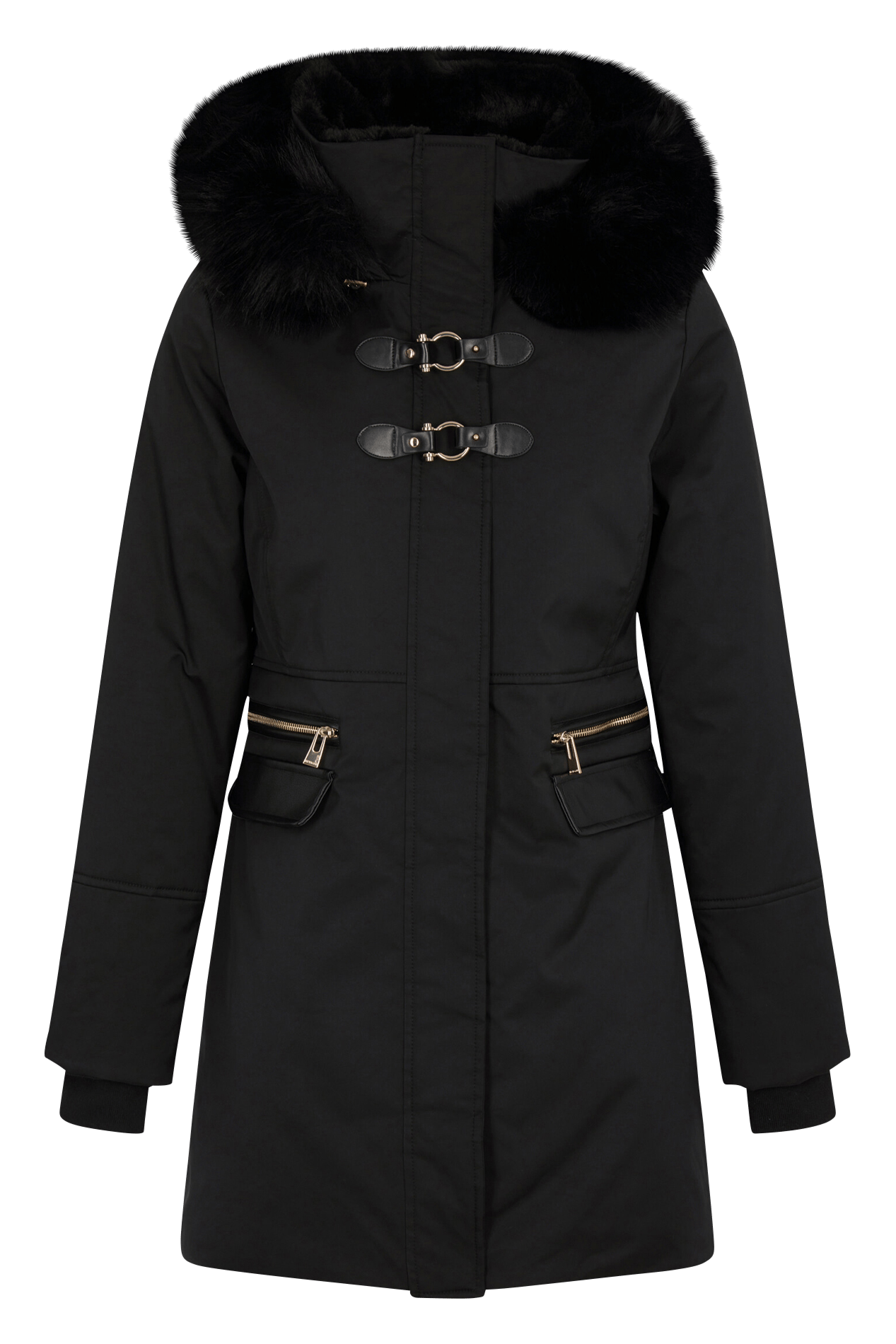 Manteau droit uni à capuche effet fourrure MORGAN Noir