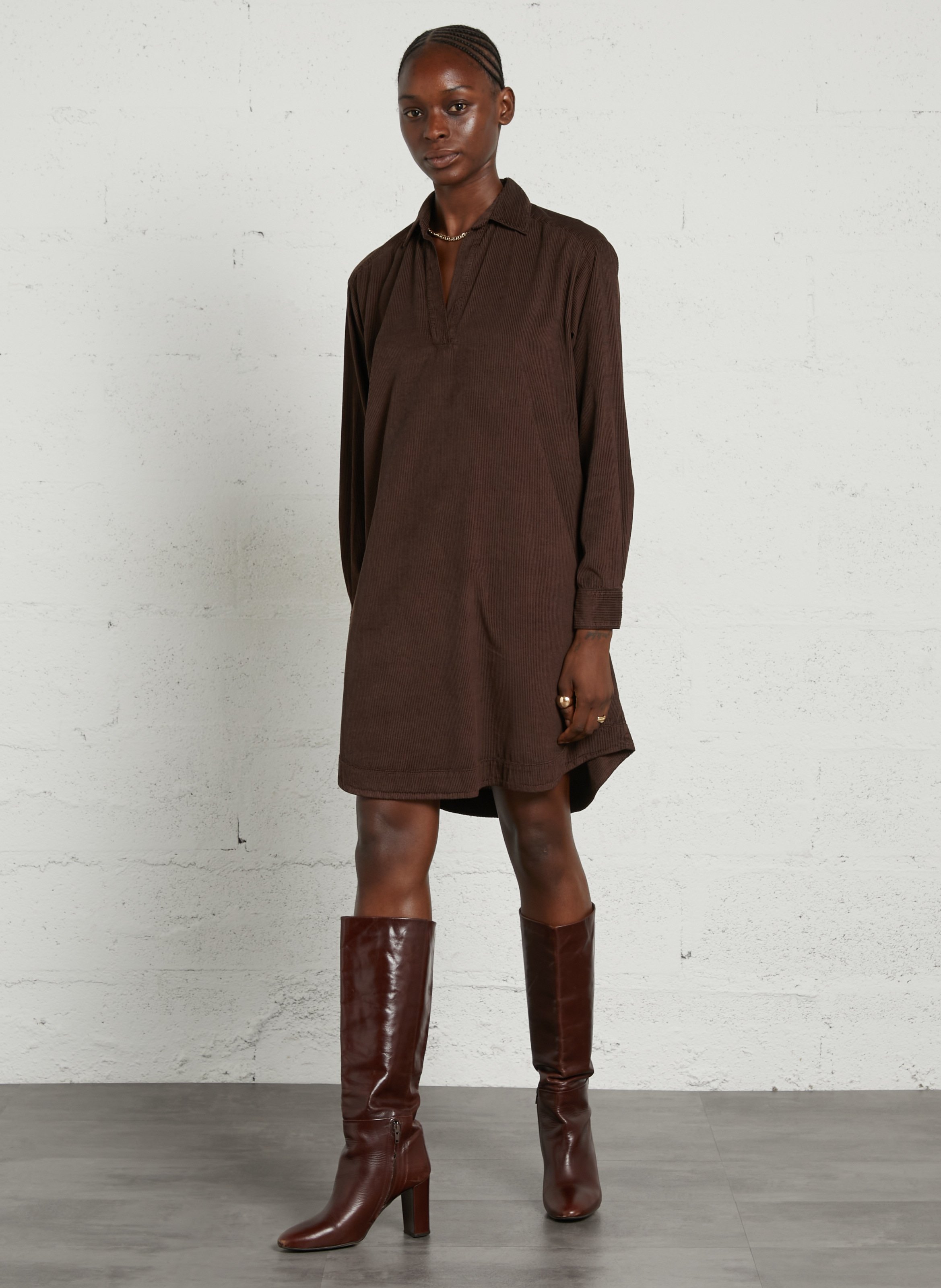 Geripptes Samt-Kleid aus Baumwollmischung HARTFORD Braun