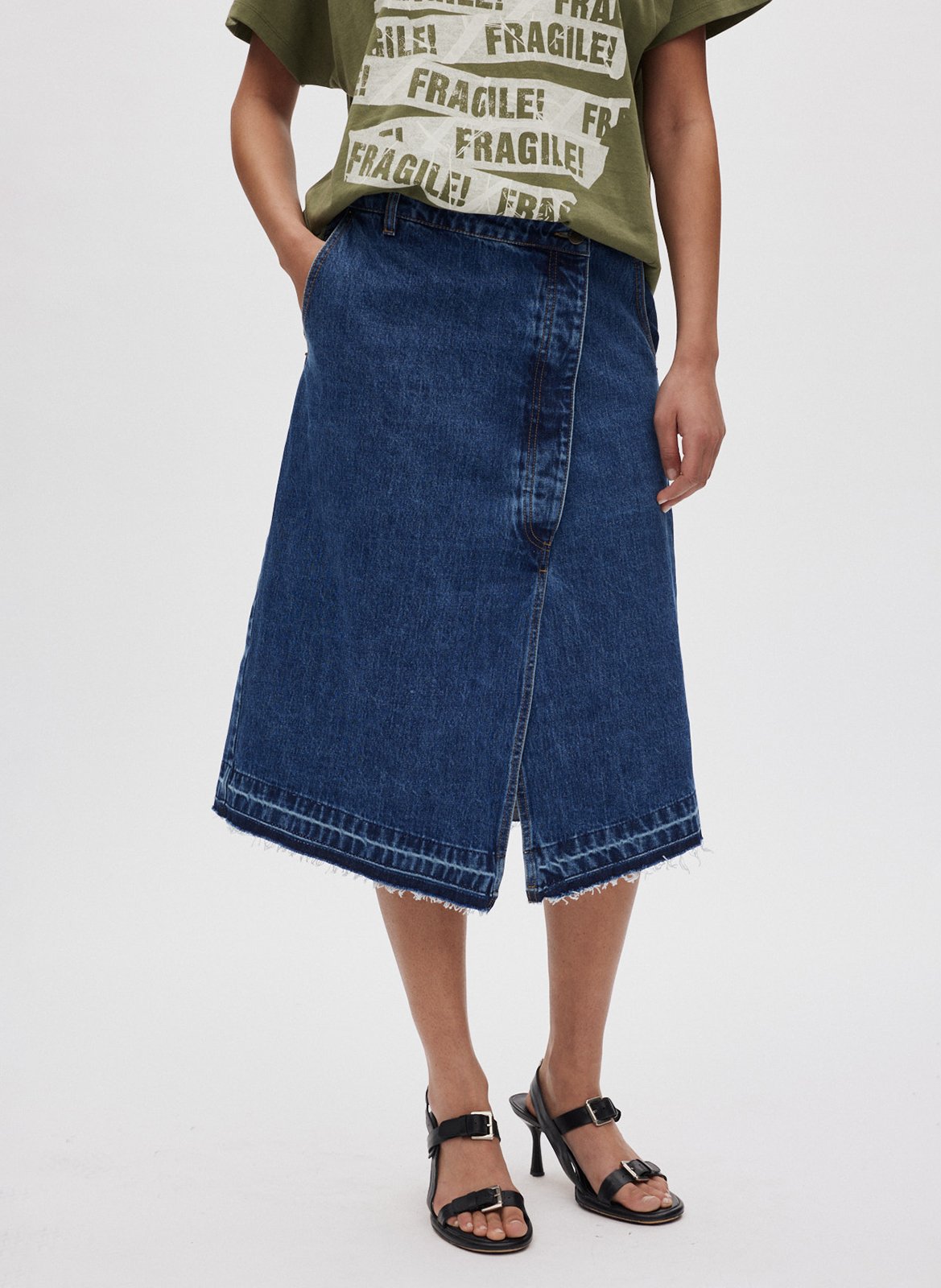 Jupe midi en denim de coton organique RABENS SALONER Bleu