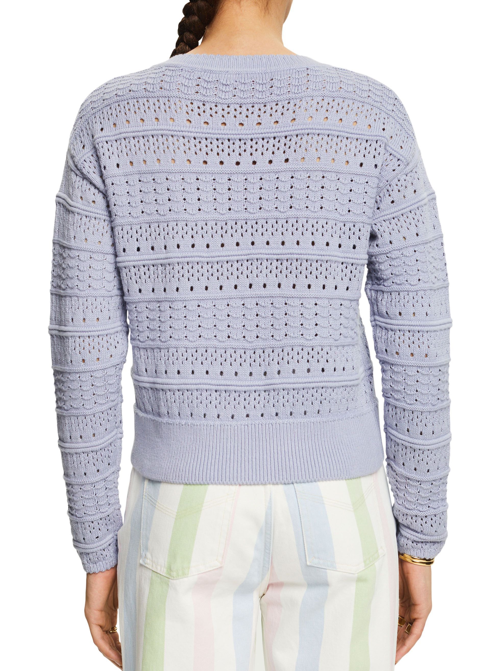 Round-neck openwork-knit cotton sweater Blue