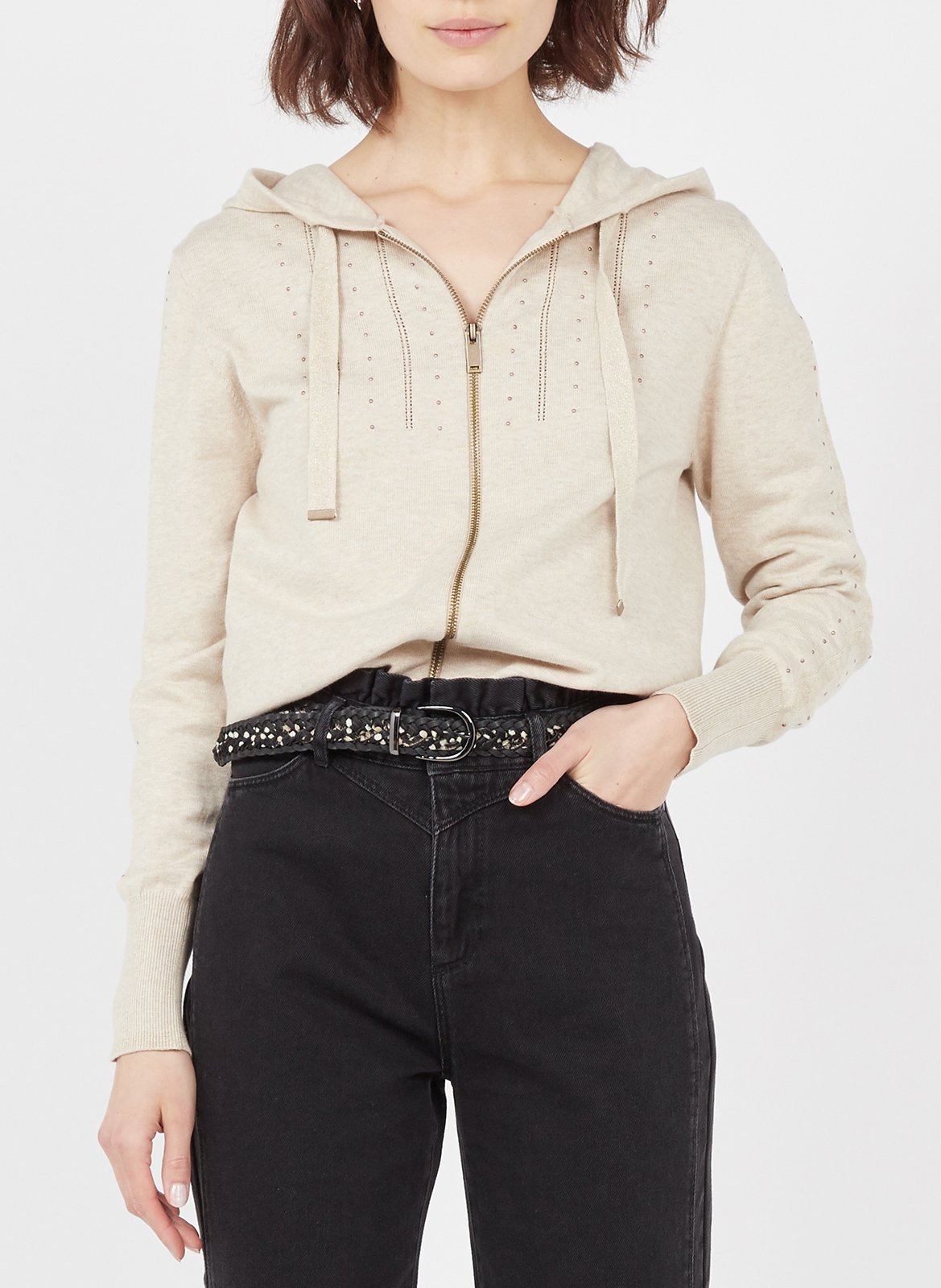 Studded zip-up organic cotton cardigan with hood ONE STEP Beige