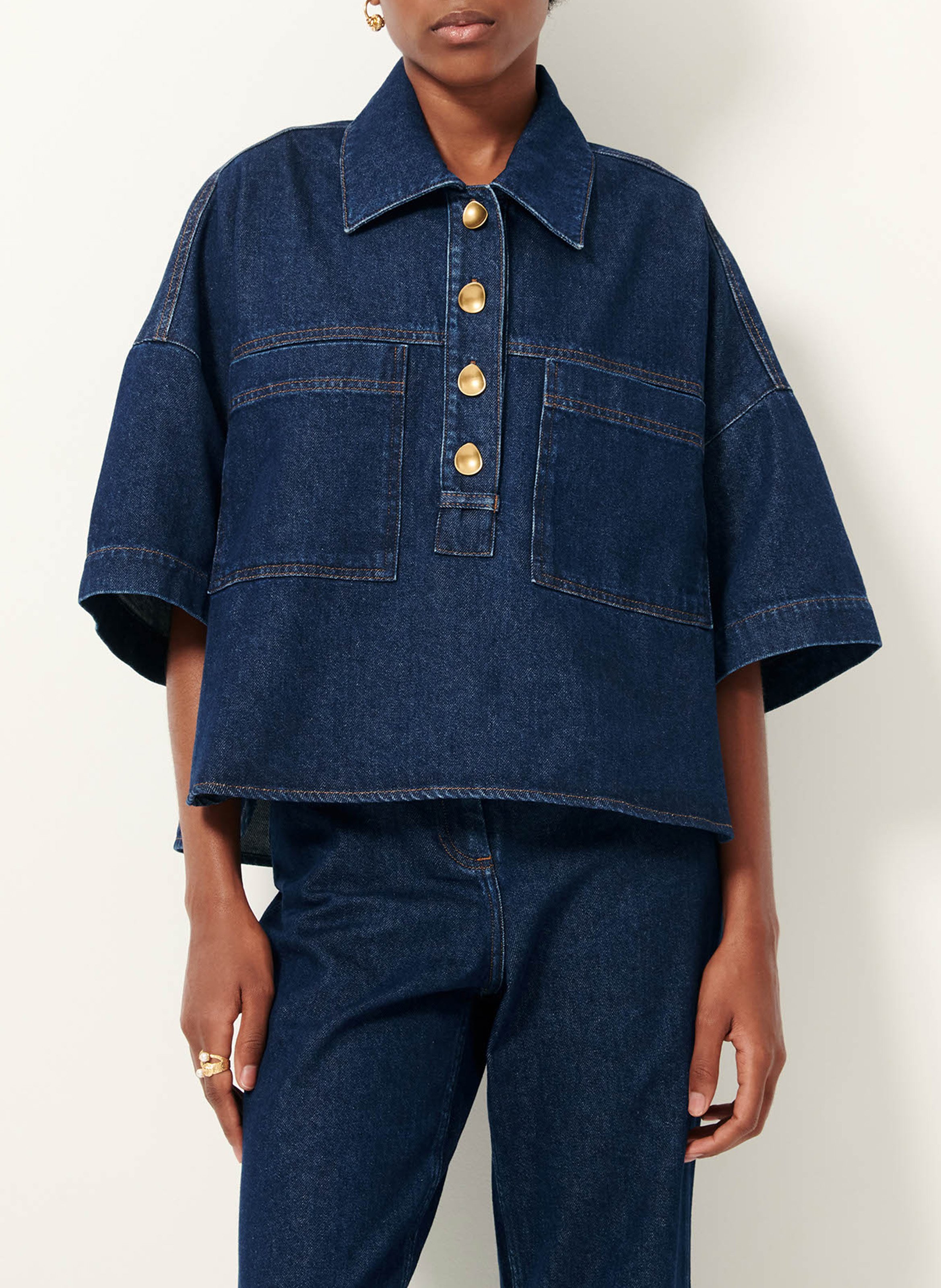 Oversized short-sleeve raw denim polo SESSUN Blue