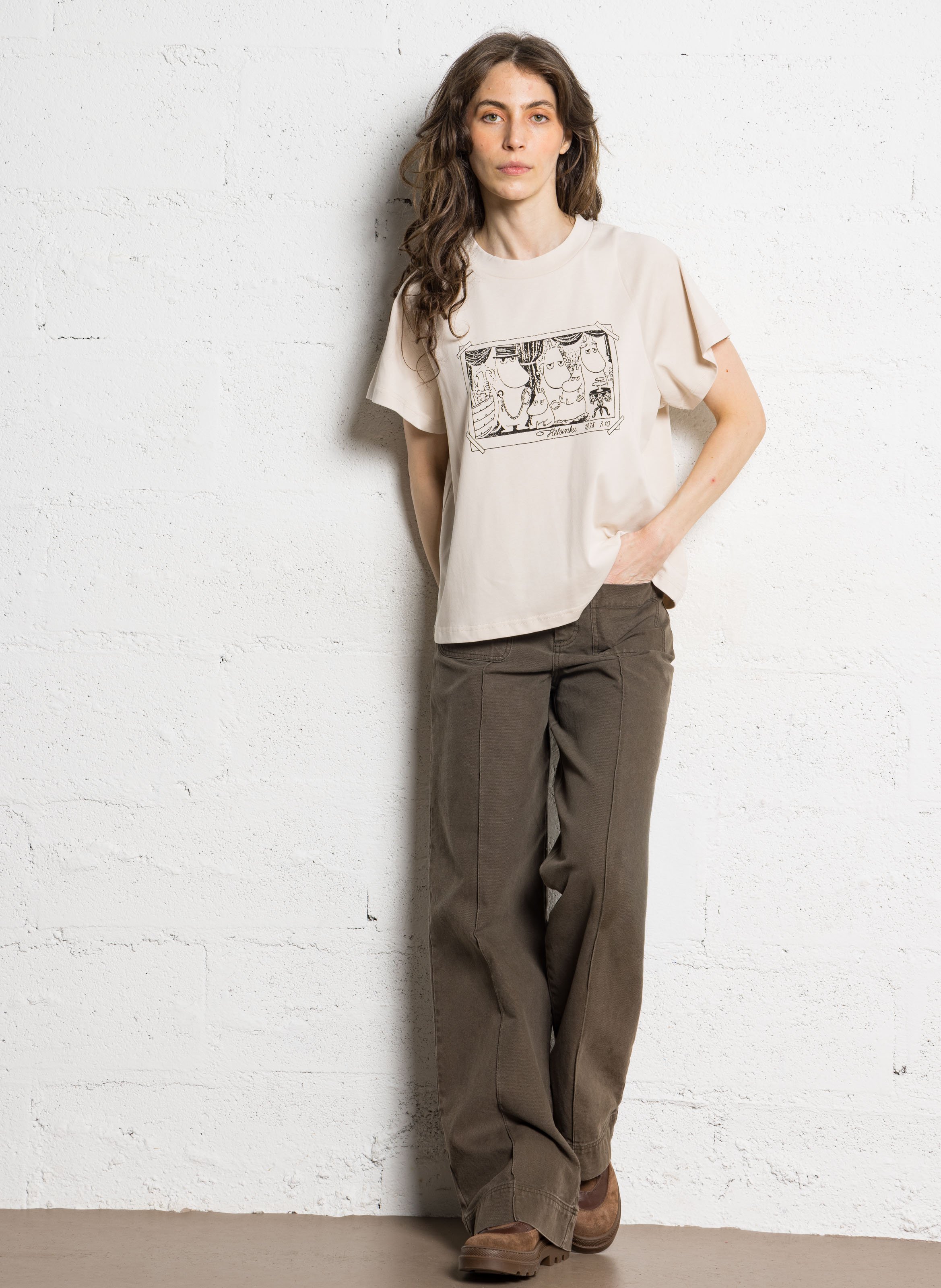 Loose-fit printed cotton T-shirt with round neck RUE DE TOKYO Beige