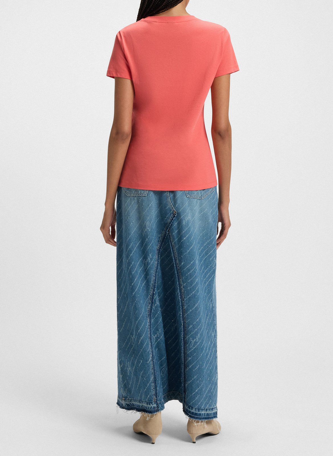 Tee-shirt droit col rond brodé en laine vierge BOSS Rouge