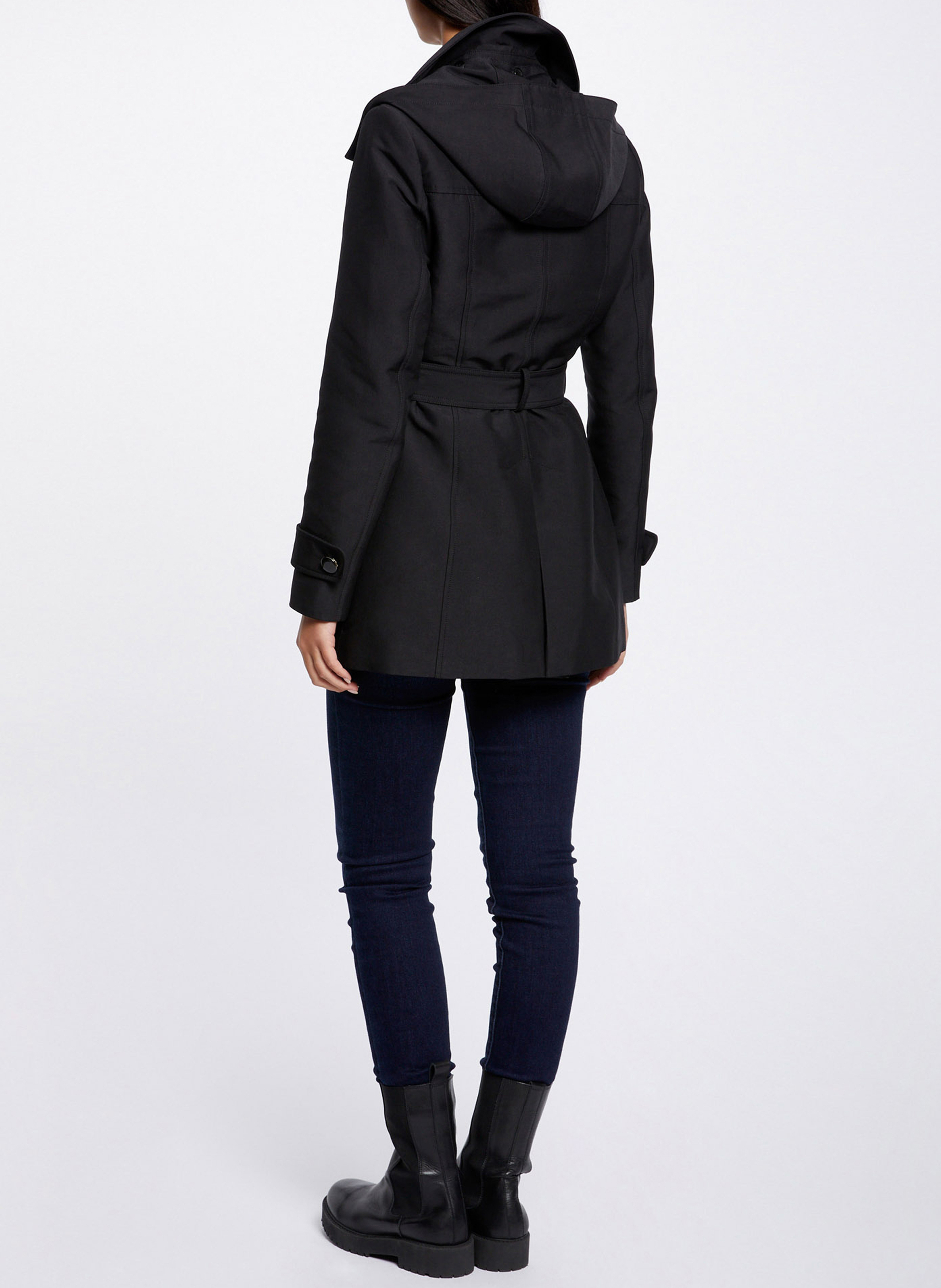 Getailleerde trenchcoat met reverskraag en capuchon MORGAN Zwart