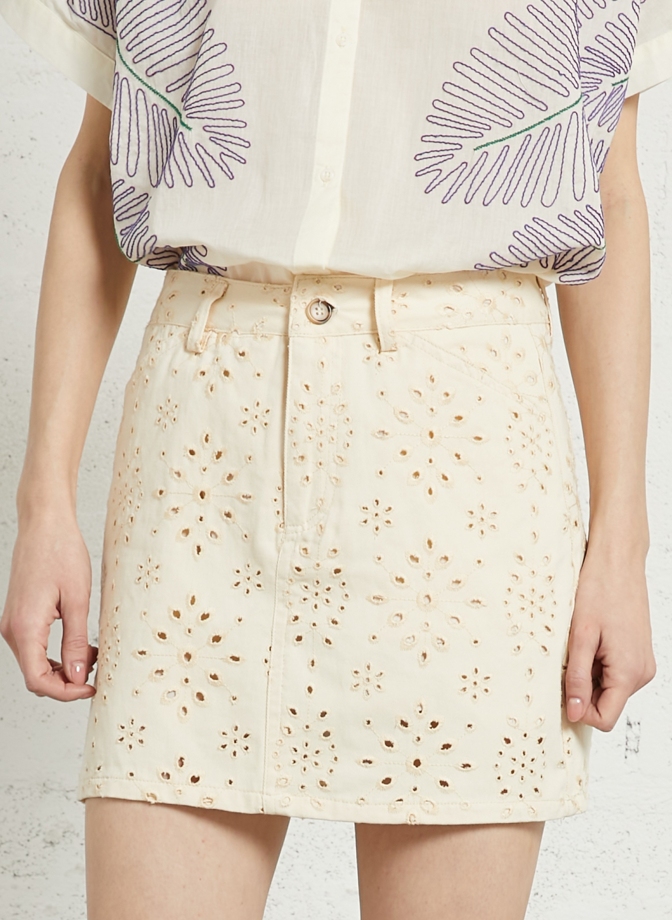 Mini jupe courte droite brodée THE KORNER Blanc