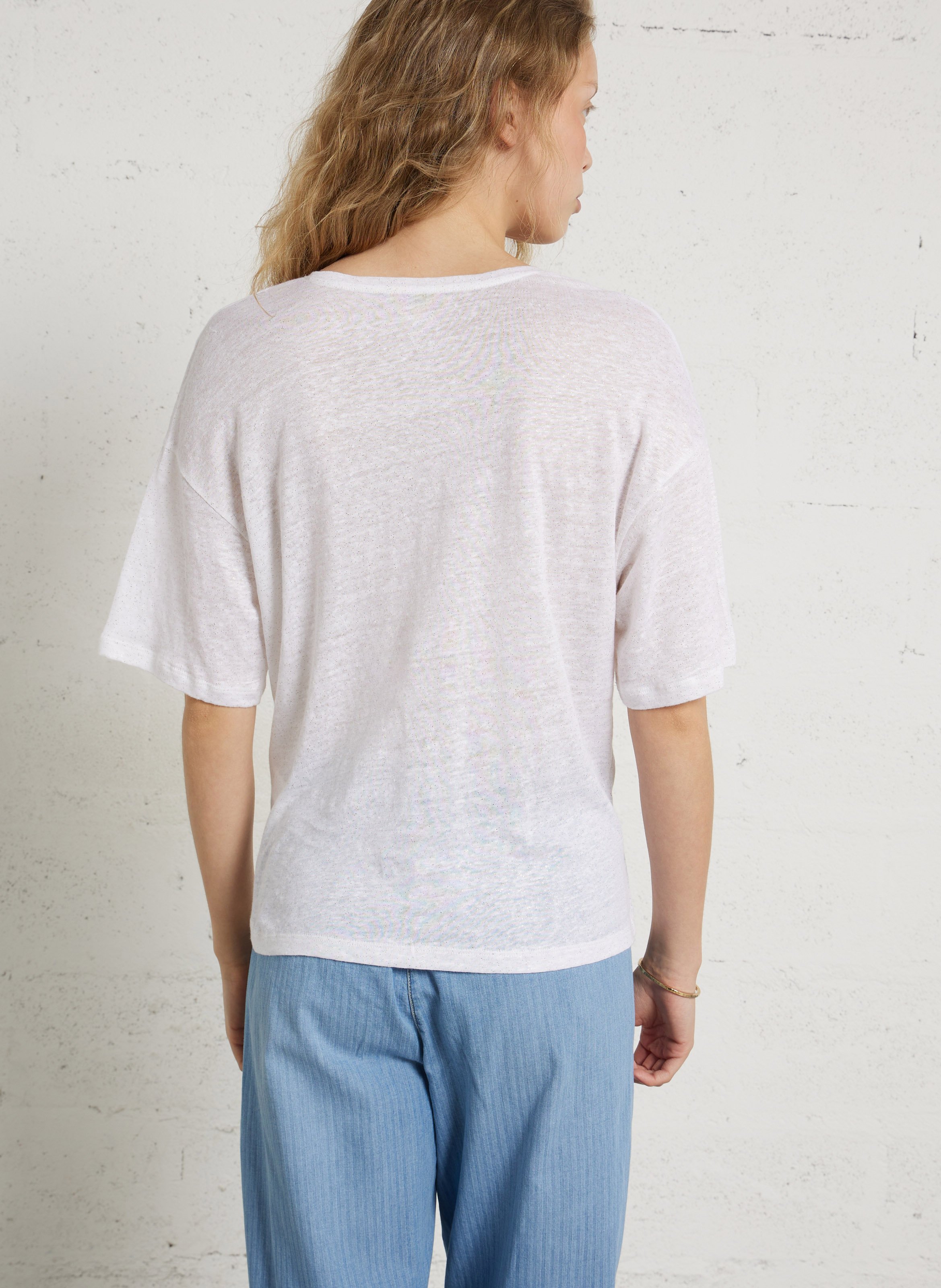 T-Shirt mit V-Ausschnitt und Pailletten aus Leinen DES PETITS HAUTS Beige