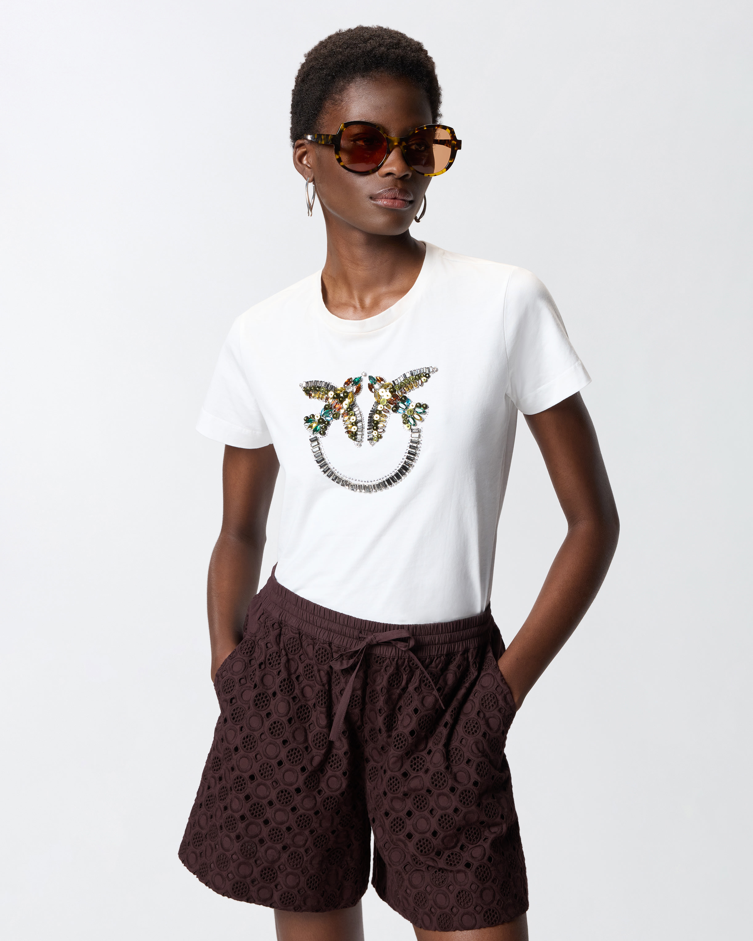 T-shirt avec maxi broderie bijou love birds PINKO Blanc