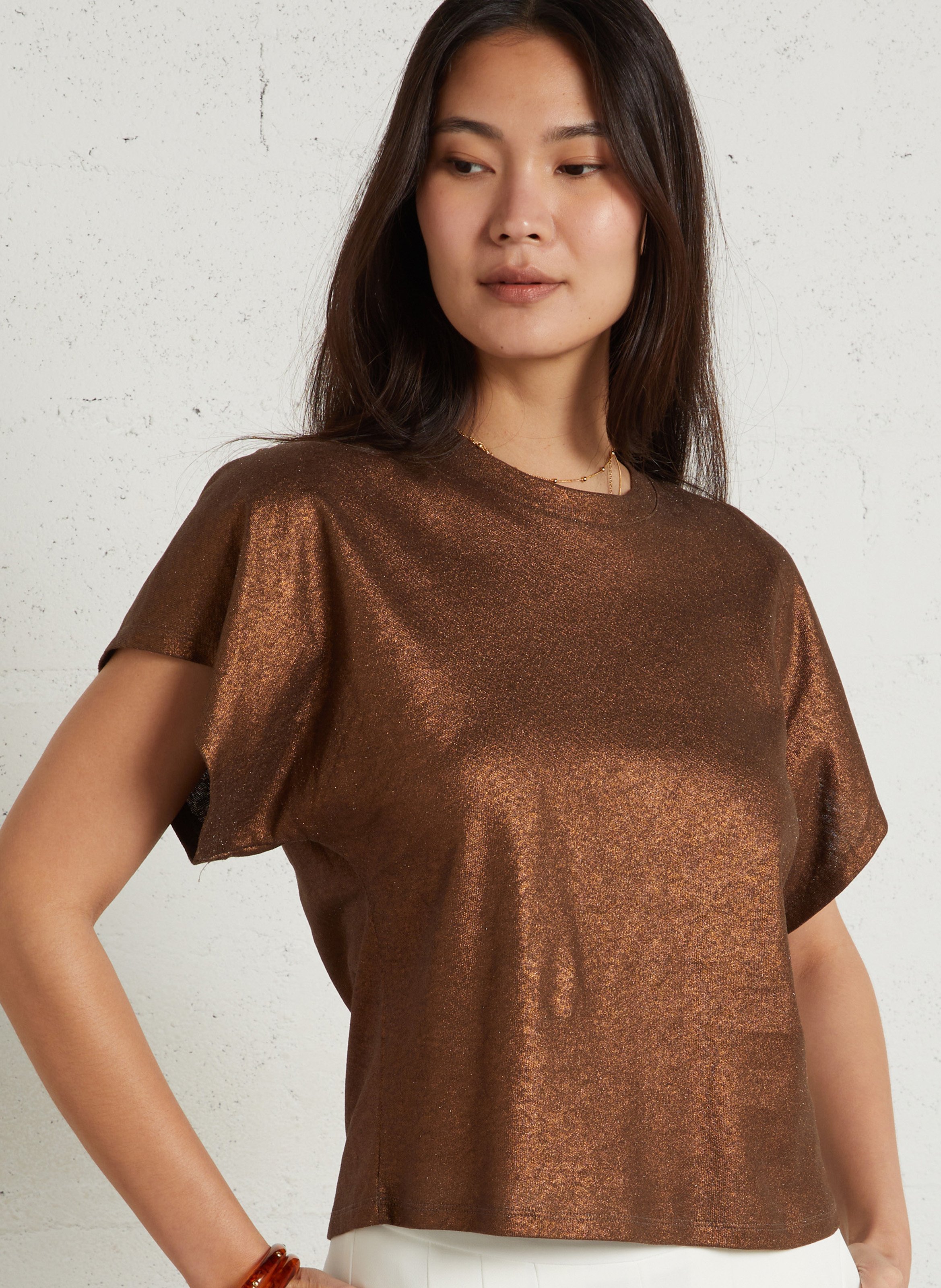 Fitted round neck T-shirt in cotton and linen MAJESTIC FILATURES Brown