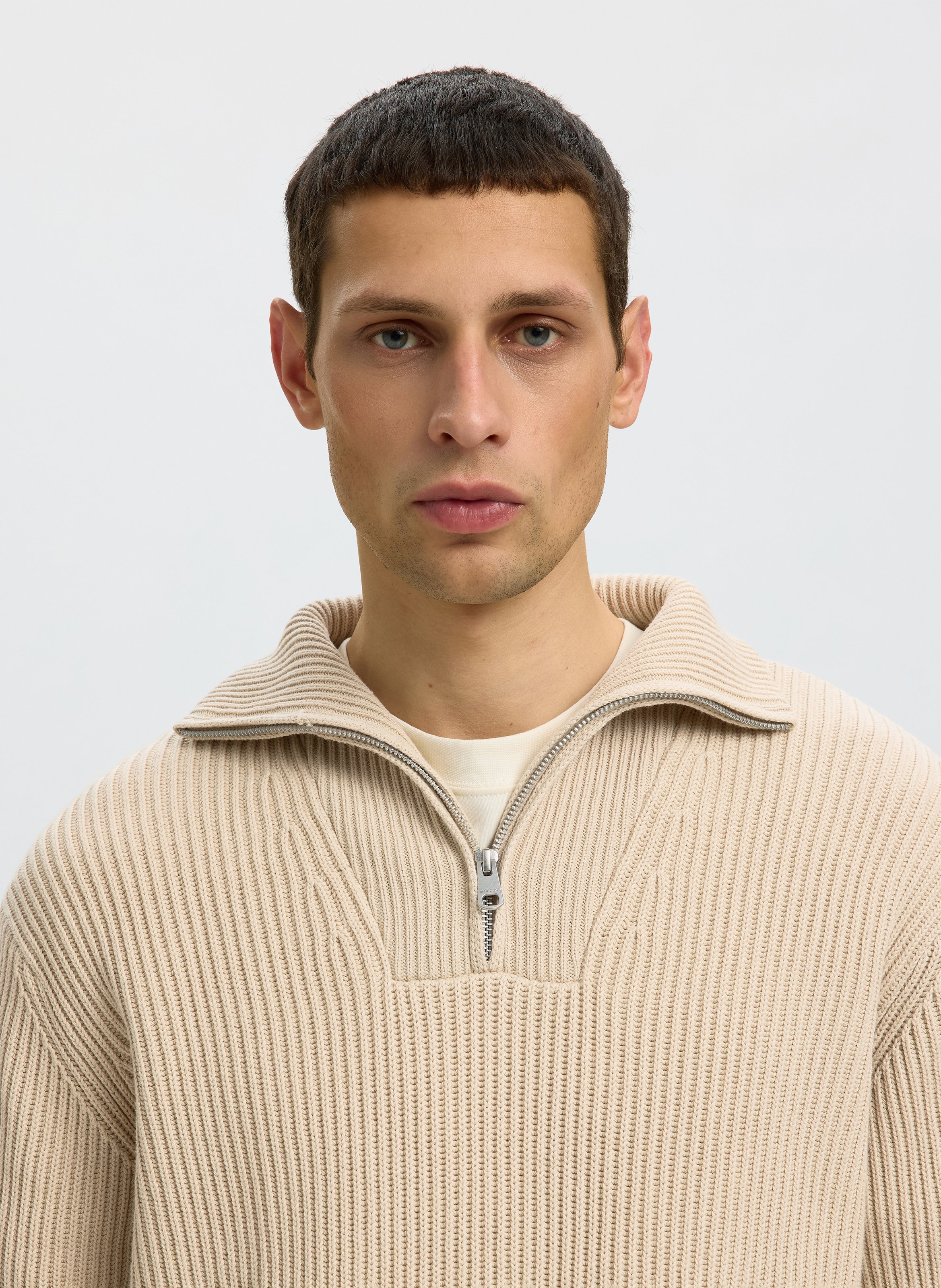 Pull col camionneur en coton SELECTED Beige