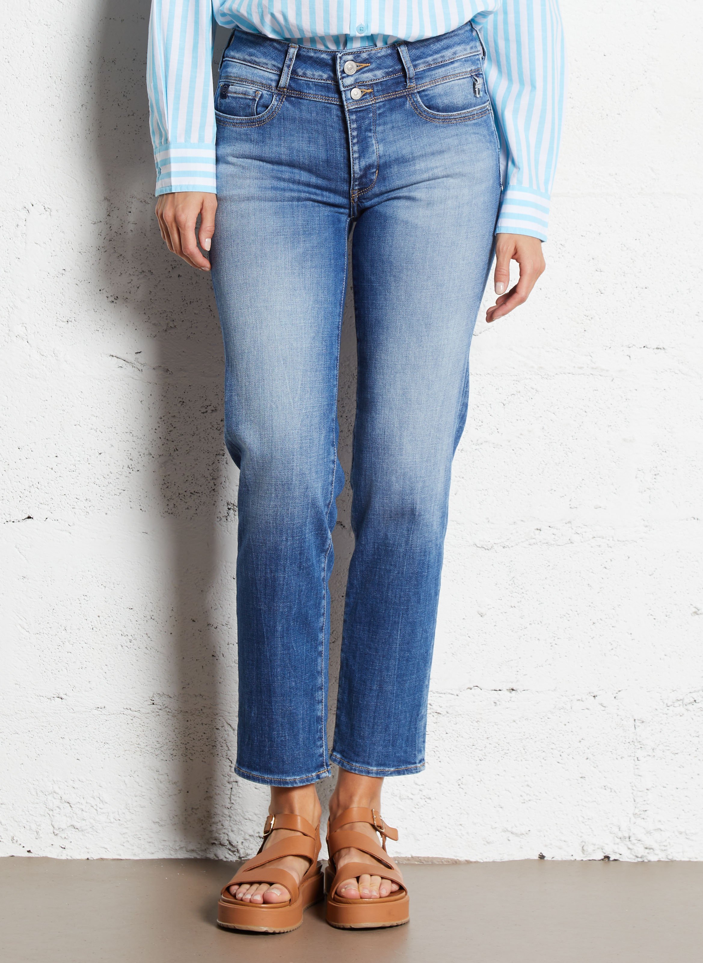 Cropped cotton blend jeans LE TEMPS DES CERISES Blue