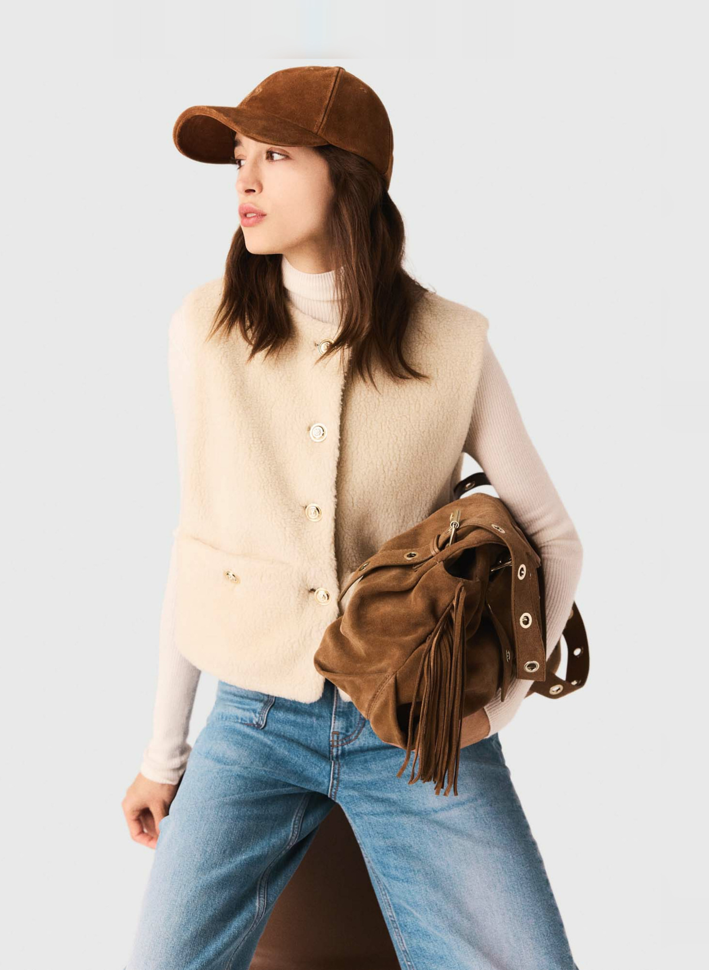 Veste col rond en sherpa MAJE Beige