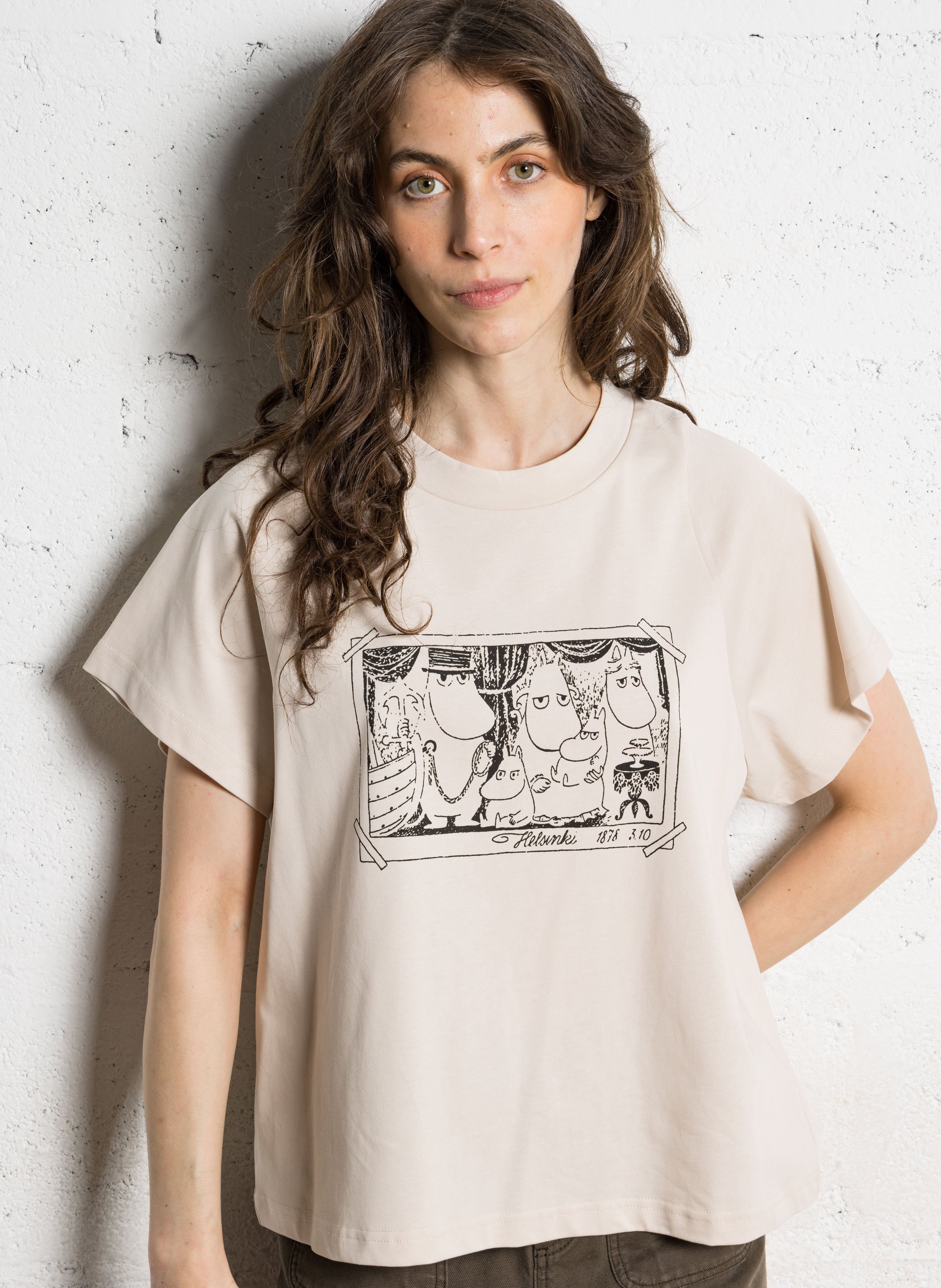 Loose-fit printed cotton T-shirt with round neck RUE DE TOKYO Beige