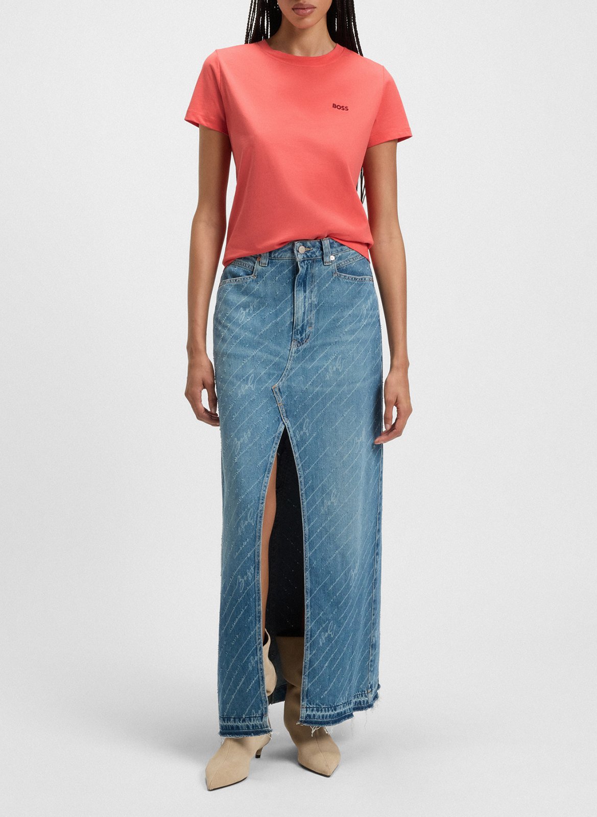 Tee-shirt droit col rond brodé en laine vierge BOSS Rouge